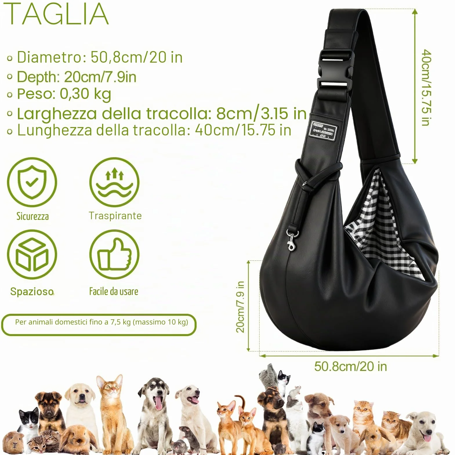 Borsa da Viaggio per Cani Regolabile Cross-Body Pet Sling Carrier Fino a 7.5 KG Nero