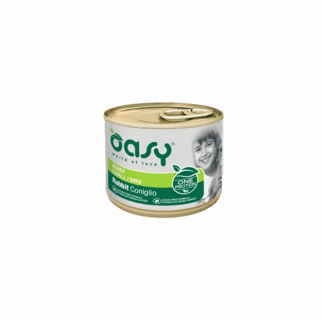 Oasy umido cane adulto monoproteico, alimento completo per cani adulti di taglia piccola (small) gusto CONIGLIO | 6 scatolette da 200 grammi l’una.