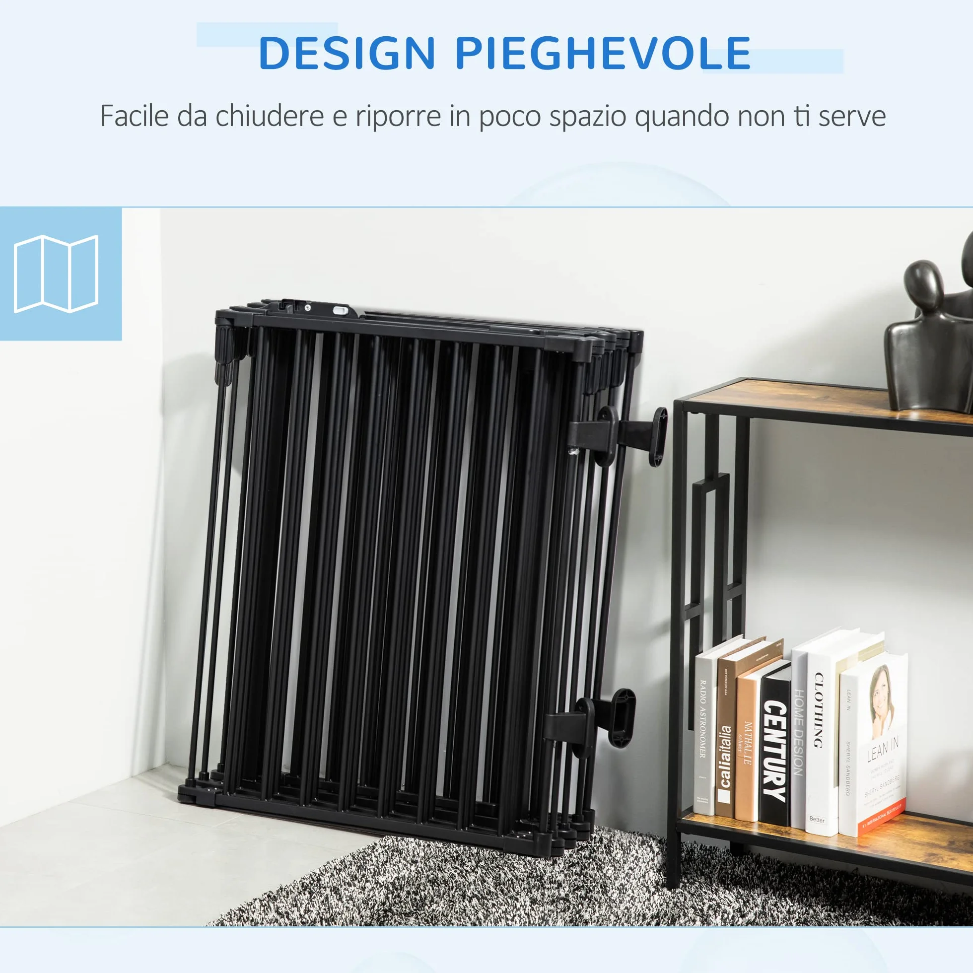 PawHut Cancello Sicurezza Pieghevole 8 Sezioni, Barriera per Cani Acciaio, Chiusura Automatica, Nero