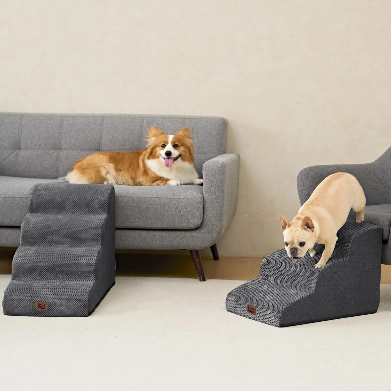 EHEYCIGA Scaletta per Cani 3 Gradini 40 cm, Scala Antiscivolo per Letto e Divano, Rivestimento Rimovibile e Lavabile, Grigio