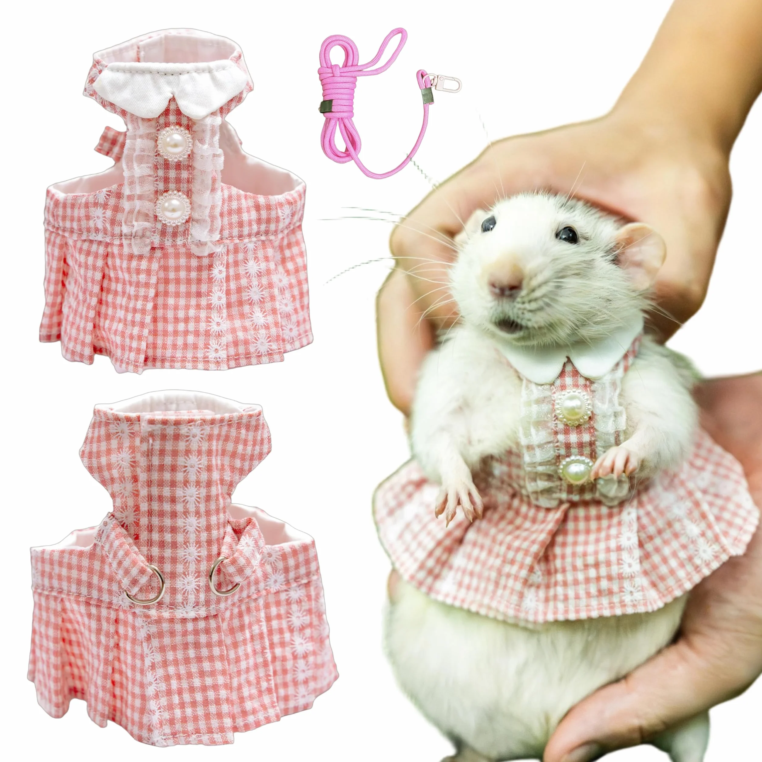 SMOLKITH Abbigliamento per Ratti Domestici, vestito rosa a quadri con bottoni taglia L regolabile con guinzaglio, per porcellini d'India, cincillà e suricati