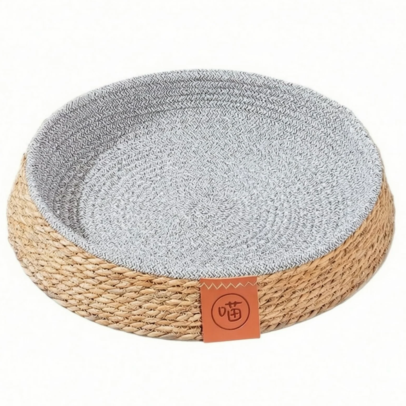 Colcolo Cuccia per Animali Domestici Letto Tondo Cestino Basso Nido Accogliente con Bordo Contenitivo E Etichetta Frontale Decorativa in Giunco E Cotone Adatta a Soggiorno, 40 Cm