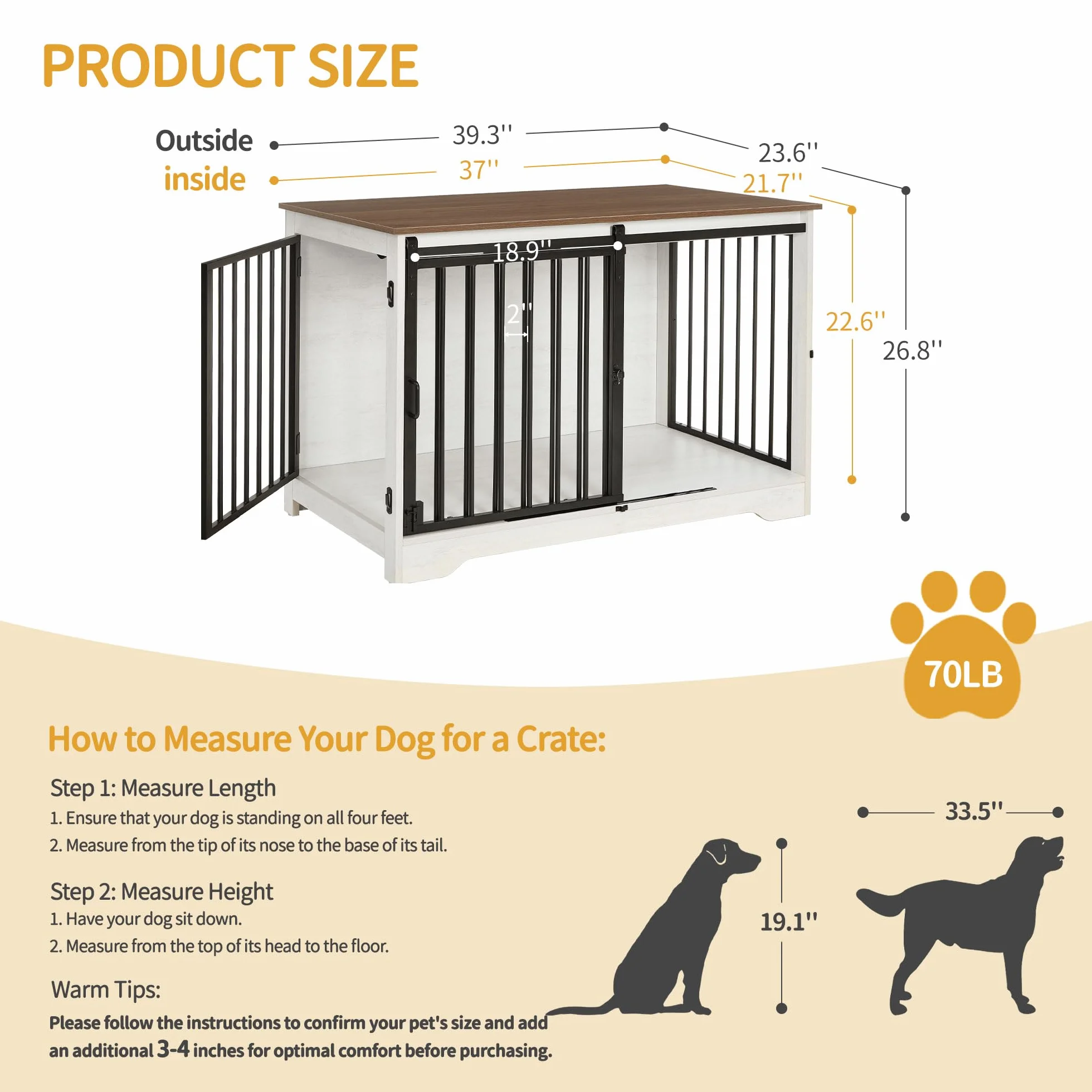 Hzuaneri 100cm Gabbia per Cani, Nicchia Moderna, 2 porte, 60 x 100 x 68 cm, Bianco e Marrone