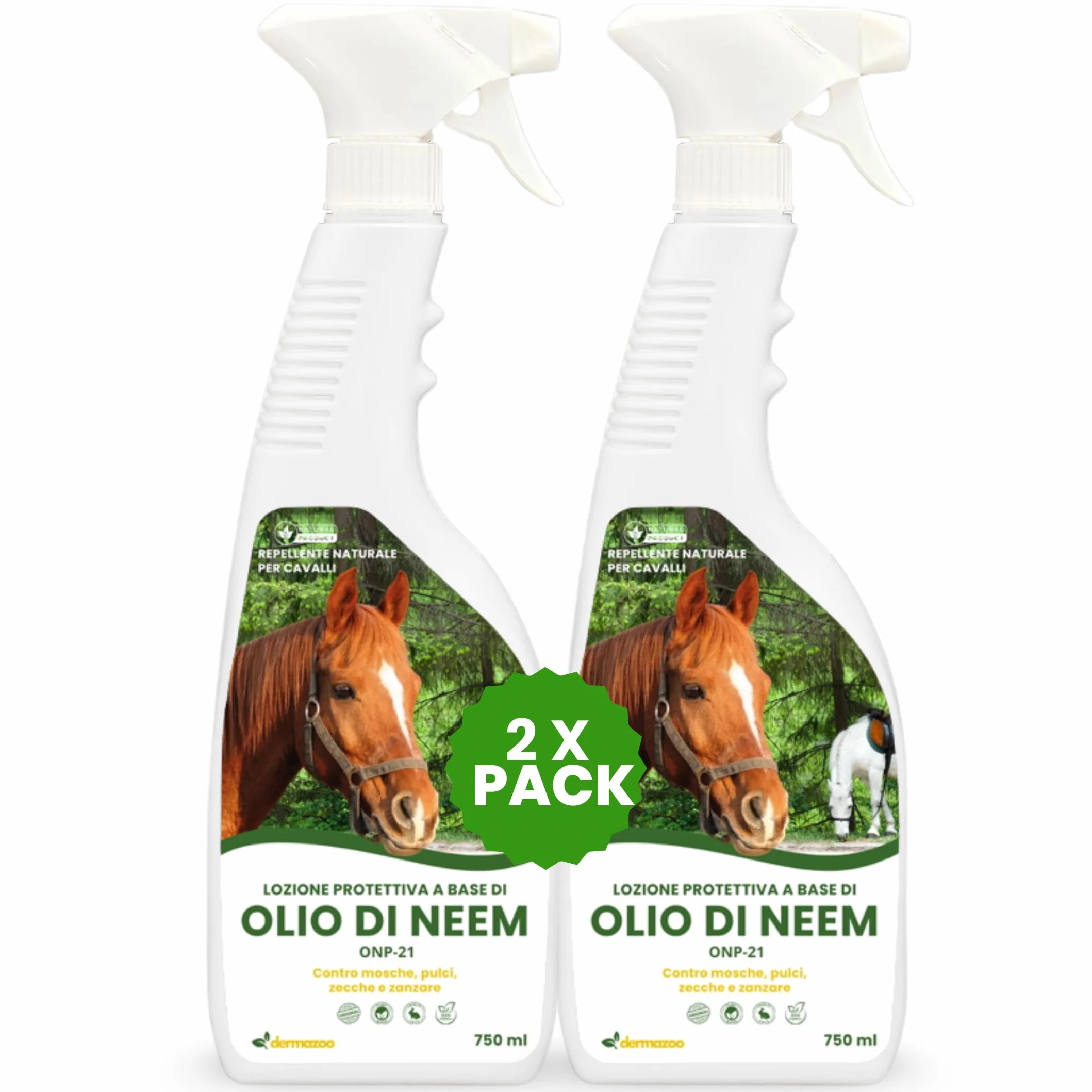 Dermazoo Olio di Neem per Cavalli ONP-21 Repellente Antipulci 2 x 750ml Spray Antizanzare