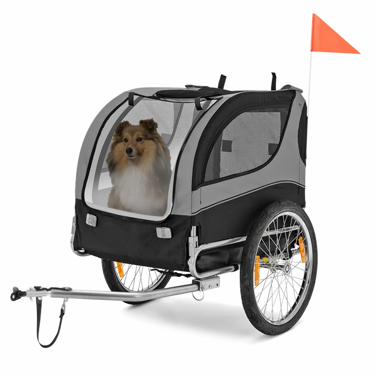 COSTWAY Rimorchio Bici per Animali, Carrello per Bicicletta per Cani di Piccola e Media taglia con Ruote da 50cm e Tettuccio Apribile, Portata 40 kg, 60,5 x 135 x 95 cm (Grigio)
