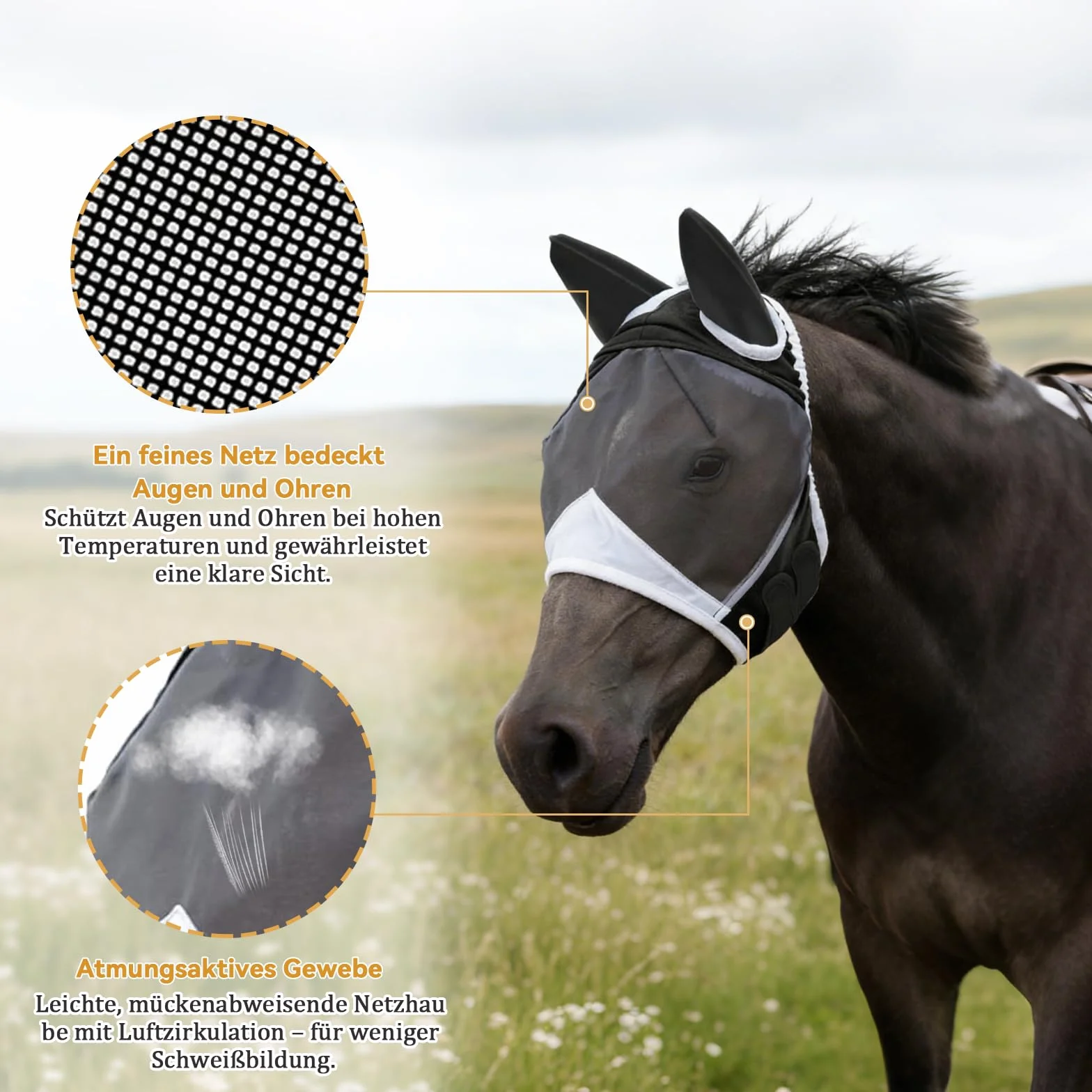 Maschera da mosche per cavallo, protezione UV, traspirante, per cavallo, sangue caldo, protezione contro mosche e raggi UV, per allenamento e uso quotidiano, maschera per mosche a lunga durata, taglia