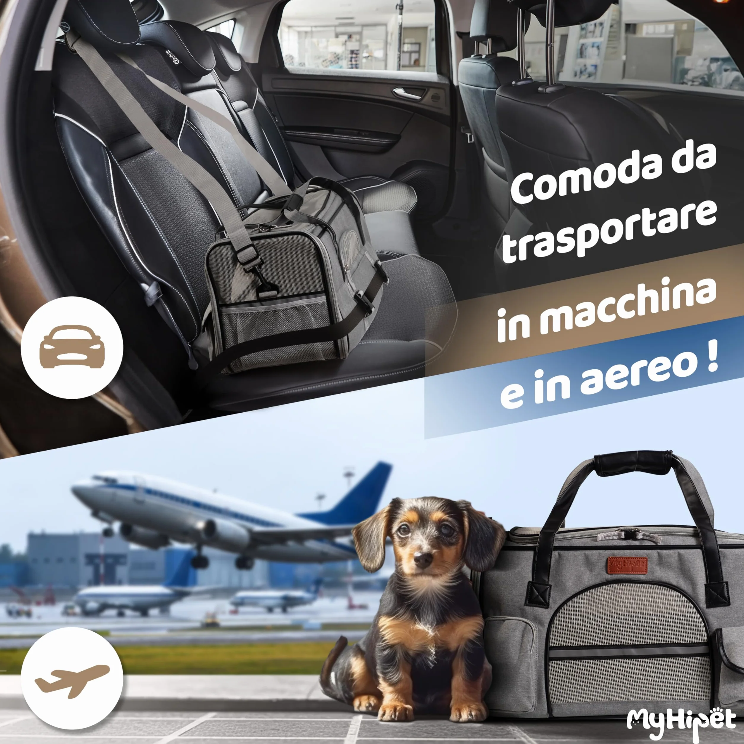Trasportino per Gatti e Cani Grande in Oxford 300D - Trasportino per cani Auto Ideale anche per Viaggi Aerei - Misura 48x28x30 cm (Grigio)