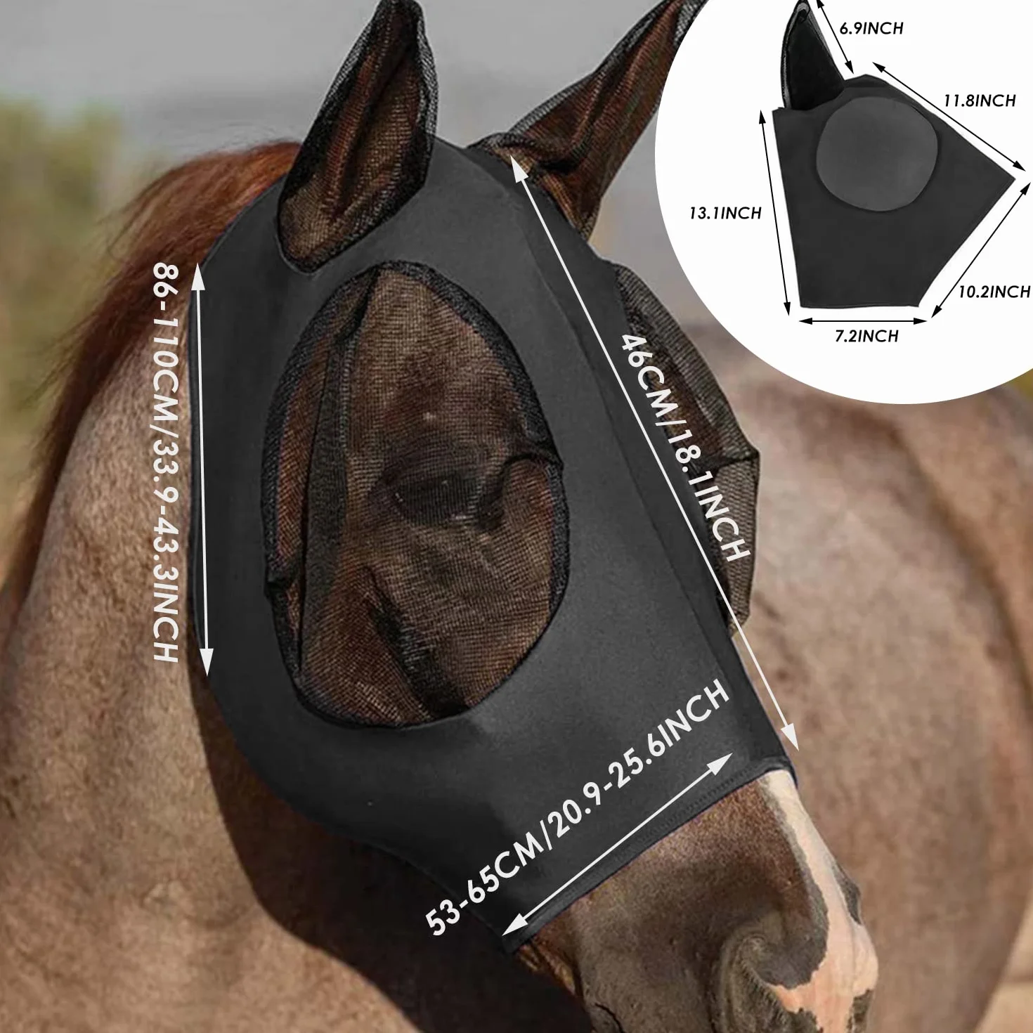 Maschera per cavalli con paraorecchie rete traspirante anti-UV mosca zanzare insetti elastica nero