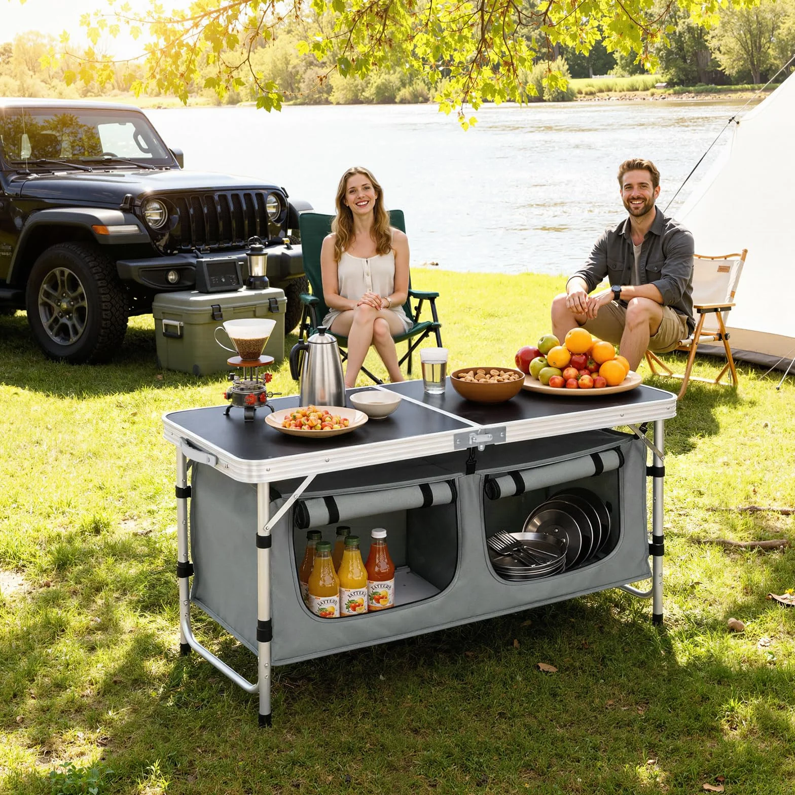 WOLTU Tavolo da Picnic Pieghevole, Mobile Cucina da Campeggio, MDF e Alluminio, 120 x 47 x 62/69.5 cm