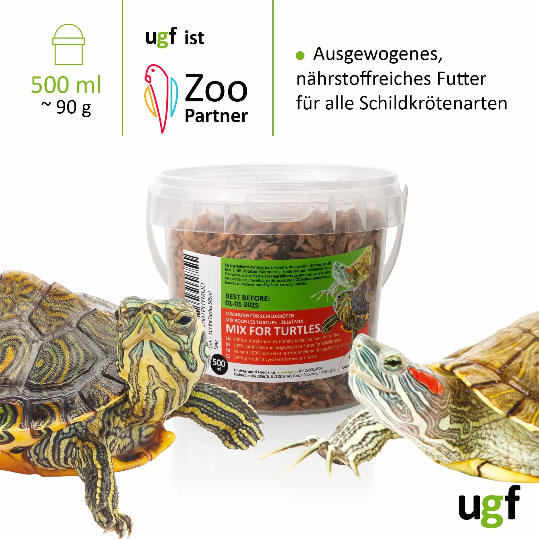 UGF - Mix di Cibo Universale per Tartarughe - 90 g in Un Secchio da 500 ml, Cibo bilanciato per Tartarughe, Gammarus, bachi da Seta, Vermi della Farina, gamberetti e Pesce essiccato