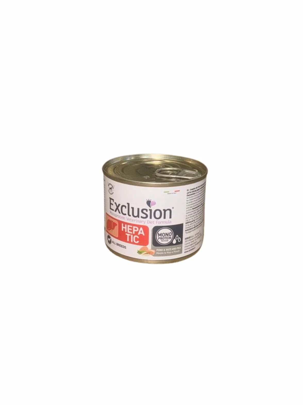 Exclusion hepatic umido adult Maiale Riso e Piselli, dieta veterinaria | 6 lattine da 200 grammi l'una.