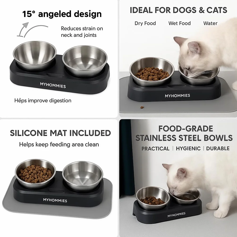 Ciotola Gatto Rialzata e Inclinata 15°, Doppia Ciotola Anti Vomito per Gatti e Cani Piccoli, Acciaio Inox 304, Antiscivolo con Tappetino in Silicone, MyHommies