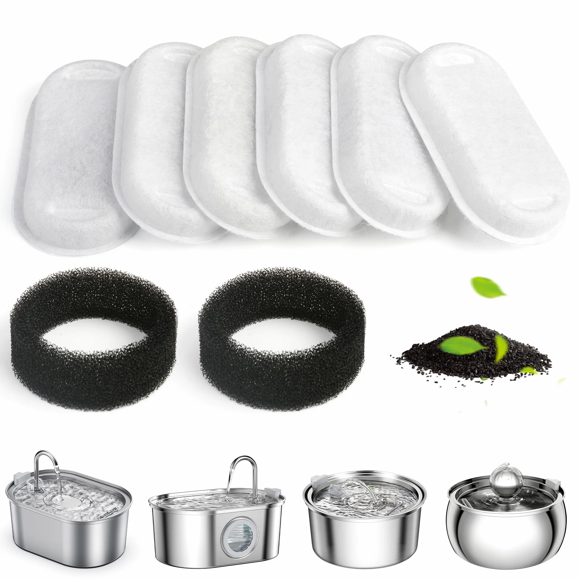 Filtri Originali Fontanella per Gatti Acciaio Inox da 3,2 Litri, Confezione Trimestrtale da 6 Filtri a Carbone più 2 Spugne, Filtri di Ricambio per Fontanella per Gatti