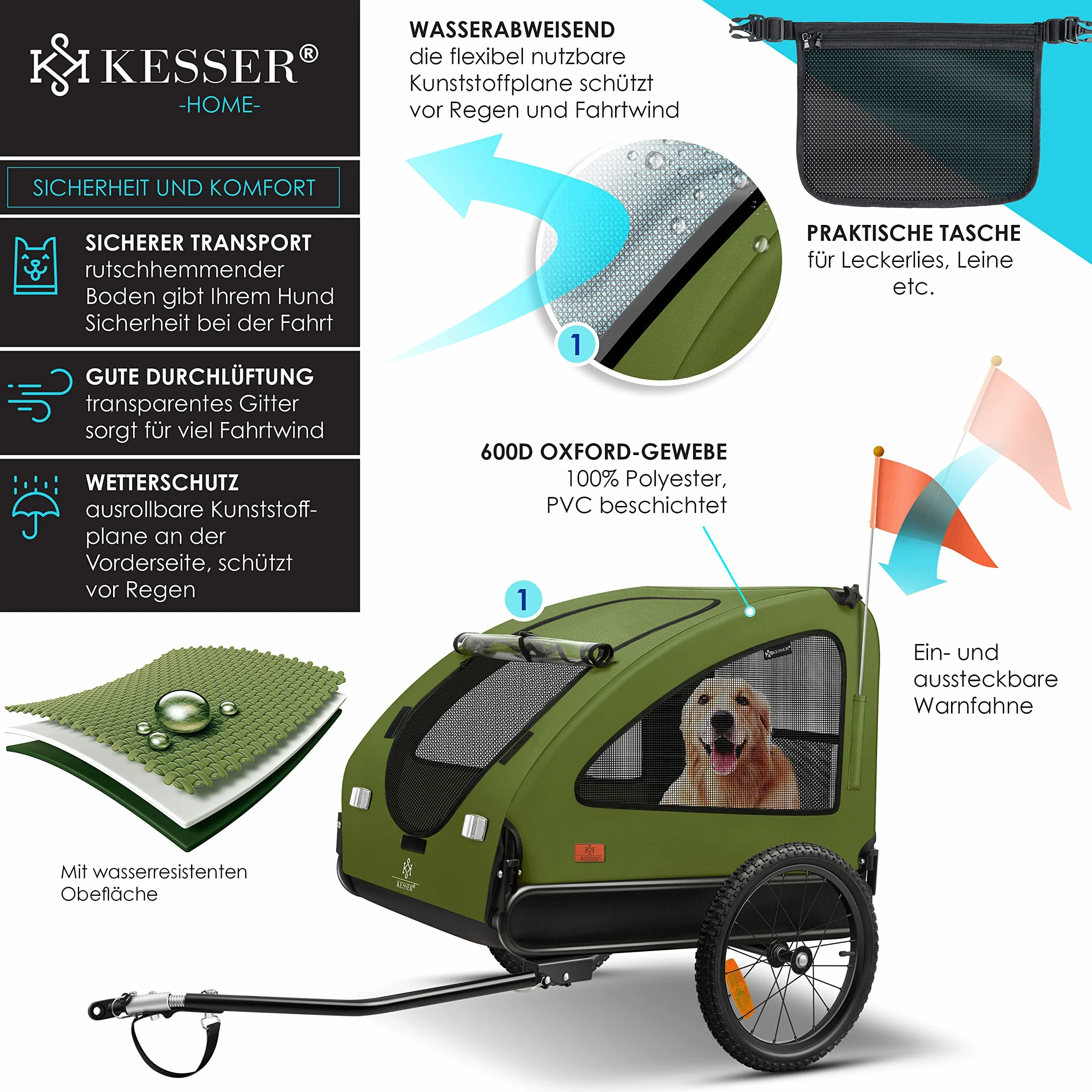 KESSER® Rimorchio per Cani 2in1, Carrello per Bicicletta, 250L circa di Volume, incl. Bandierina e Borsa, Pieghevole, SmartSpace Concept, Massima Capacità di Carico - 45 kg