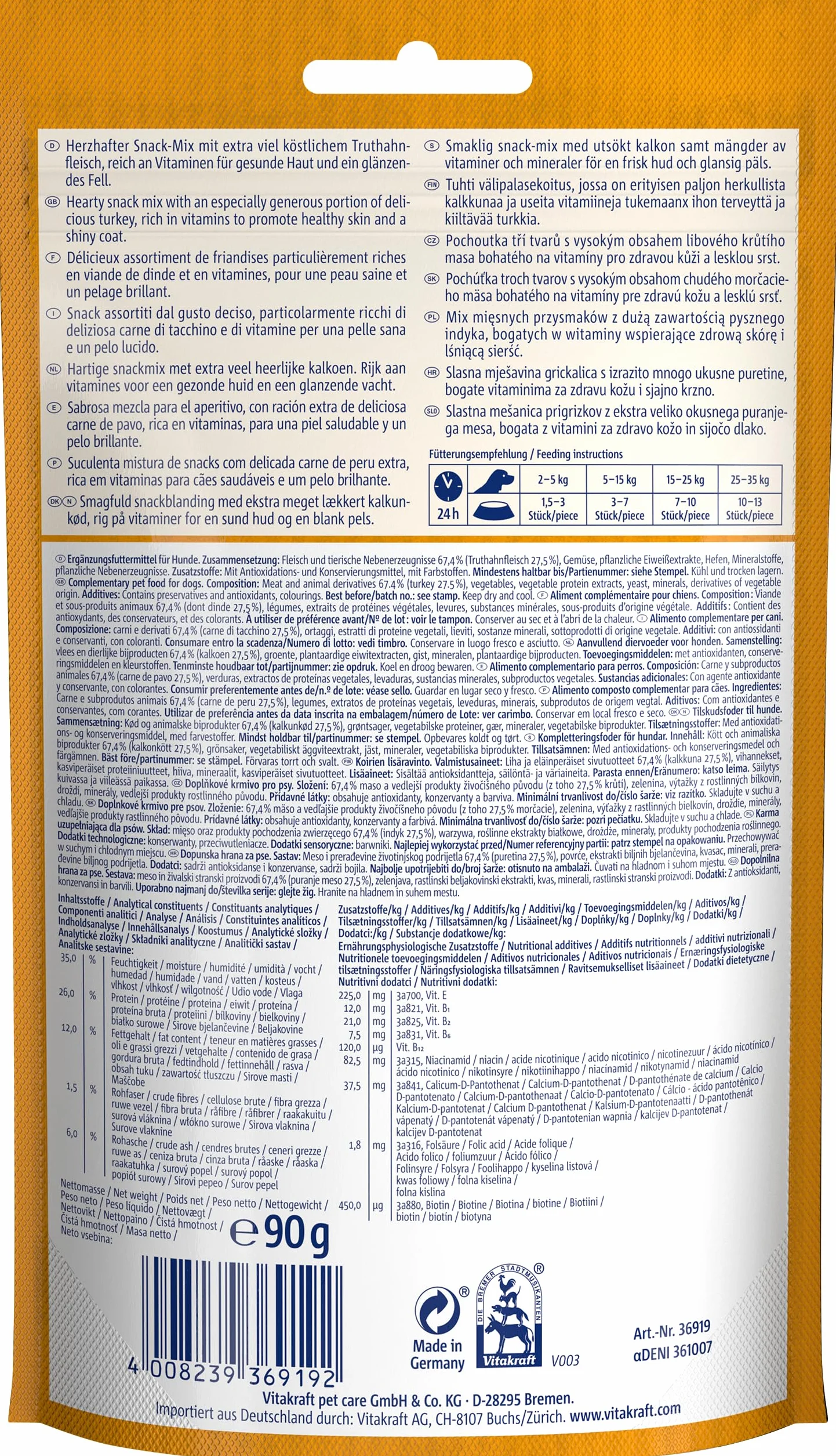 Vitakraft Noshies, leccornie per cani, con pregiata carne di tacchino, ideale per una coccola, vitamine per la pelle e il pelo, senza l'aggiunta di zuccheri e cereali (1x 90g)