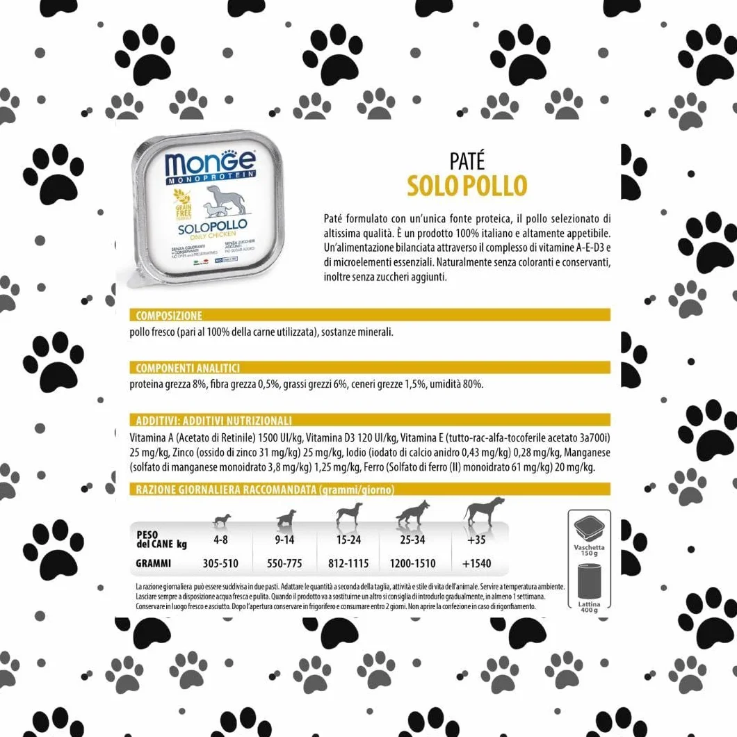 Monge Monoprotein cane, umido monoproteico per cani di tutte le taglie gusto SOLO POLLO formula grainfree | 12 vaschette da 150 grammi l'una.