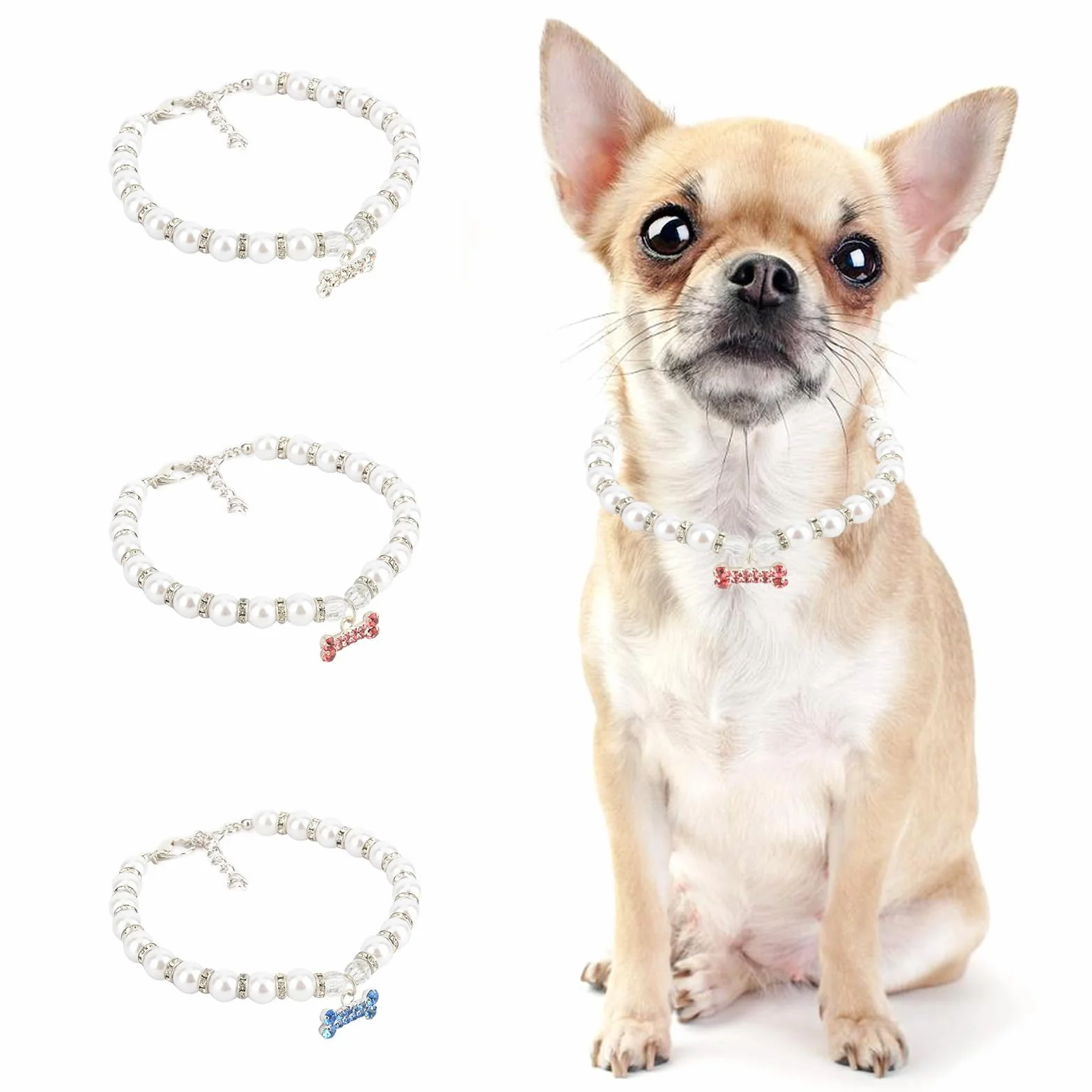 PAIDEFUL Collana per cani di piccola taglia con perline di perle e ciondolo osso diamante gioiello regolabile leggero rosa M