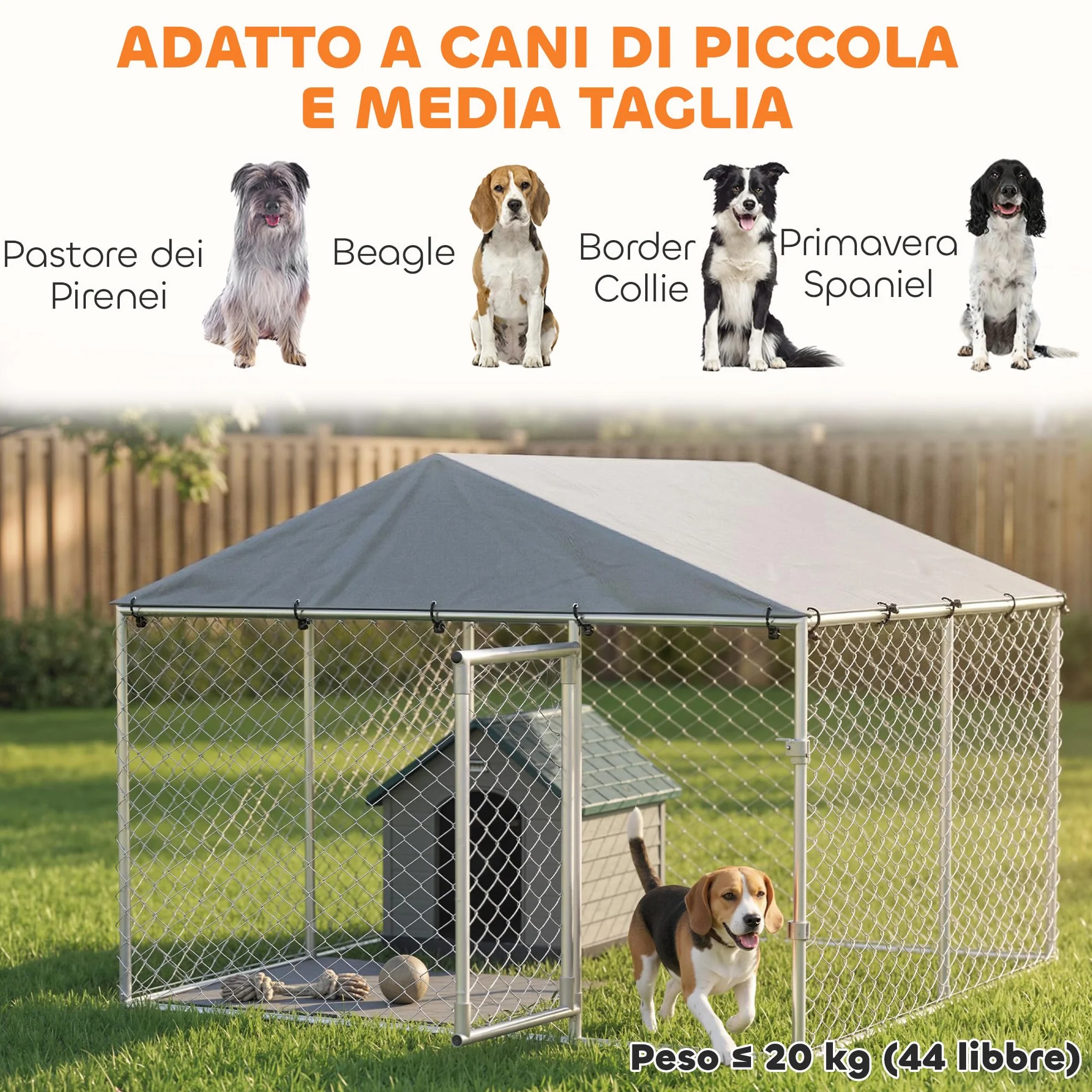PawHut Kennel Gabbia per Cani da Esterno Grande, Recinto con Tetto Anti-UV Impermeabile, Porta Reversibile, Acciaio Zincato, 230x230x170cm, Argento