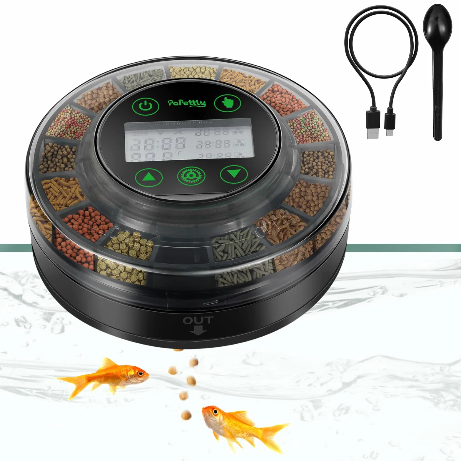 Papettly Mangiatoia Automatica Acquario - Distributore Automatico Cibo Pesci per Acquario per Rossi e Tartarughe con Cavo USB e Display LCD, Mangiatoia Pesci con Timer e Cucchiaio per Pesci