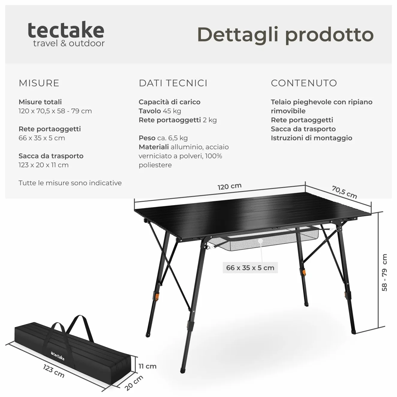 Tavolo da Campeggio Pieghevole in Alluminio Bastian Regolabile in Altezza Nero