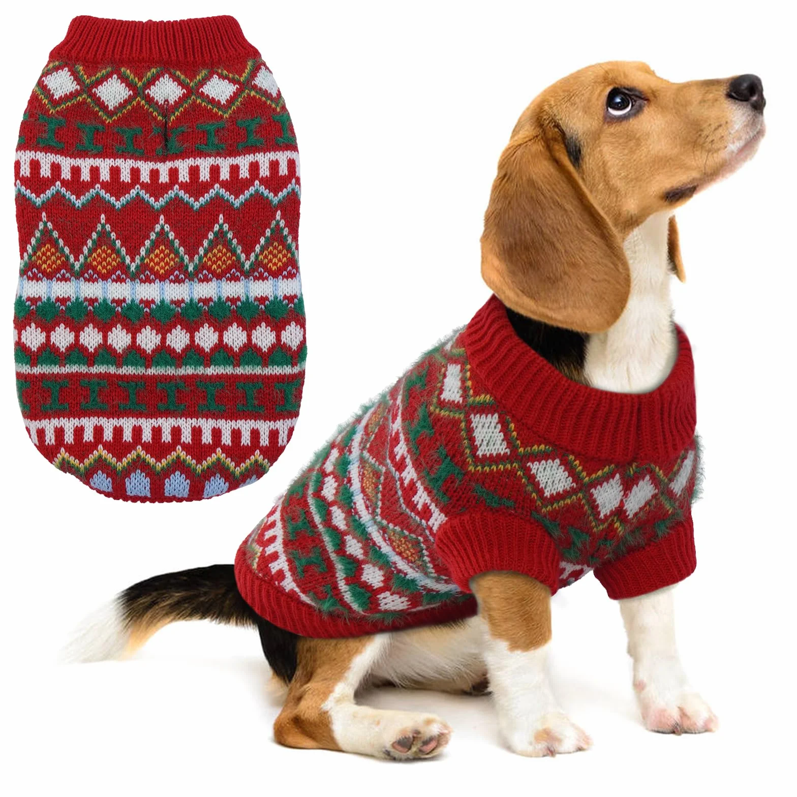 Maglione Hjumarayan Cane Natalizio Caldo Boho Taglia Media, Bordò a Coste Elasticizzato (Rosso-Verde L)