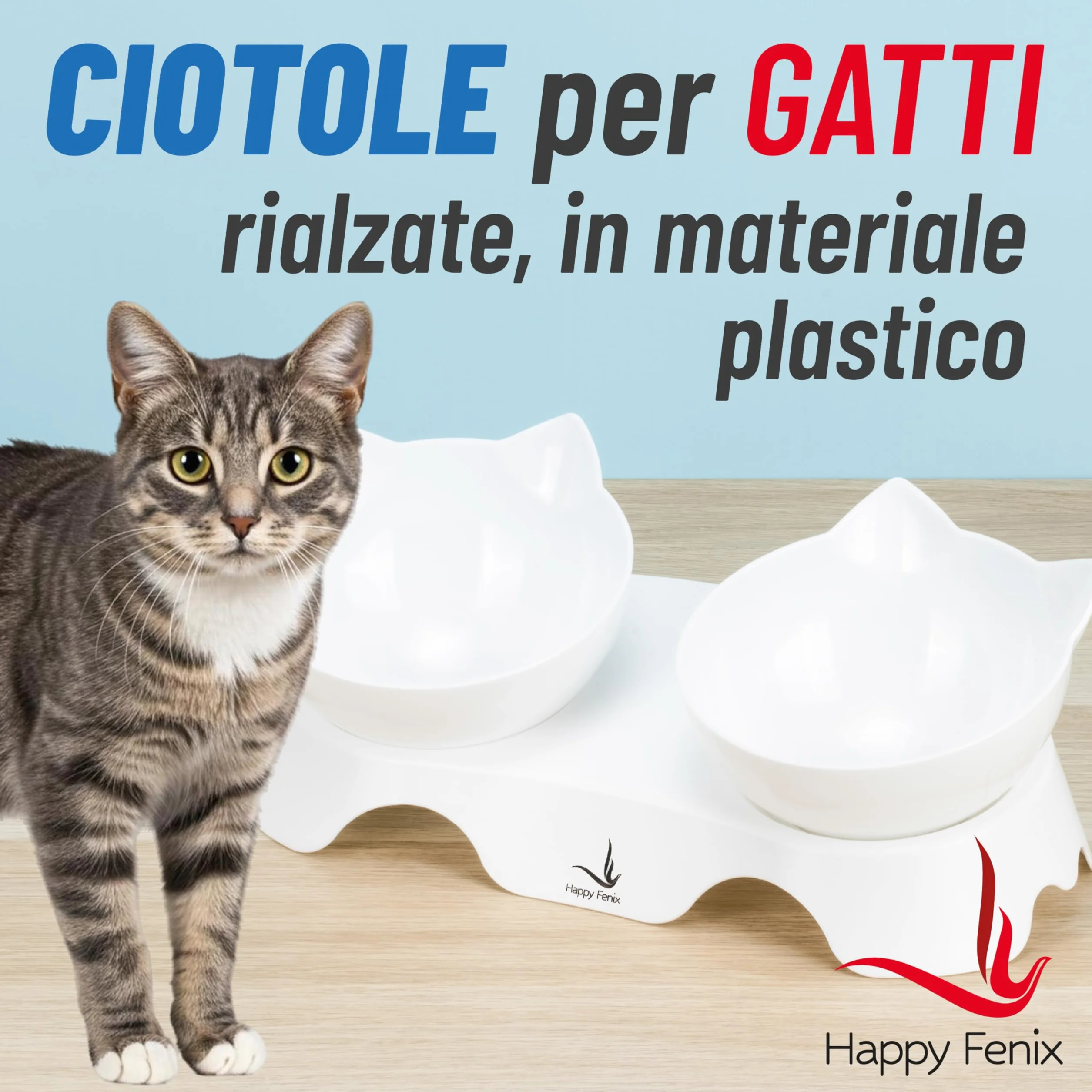 Ciotole Per Gatti in Plastica 2 Pezzi - Eleganti, Resistenti, Antiscivolo e Facili da Pulire - Colore Bianco