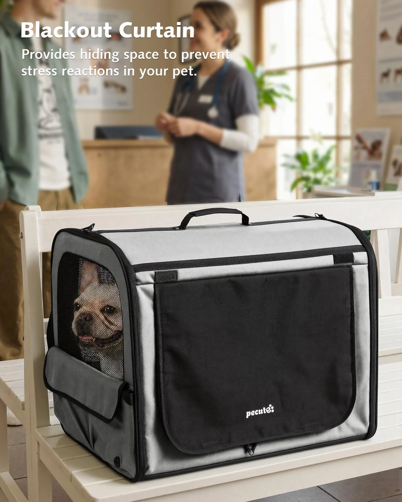 Pecute Trasportino Cani Stabile Leggero, per viaggi e auto, Portatile Con Finestre Traspiranti, Pieghevole Per Animali Domestici, Uso Interno Esterno, 61×45×52 cm, Grigio