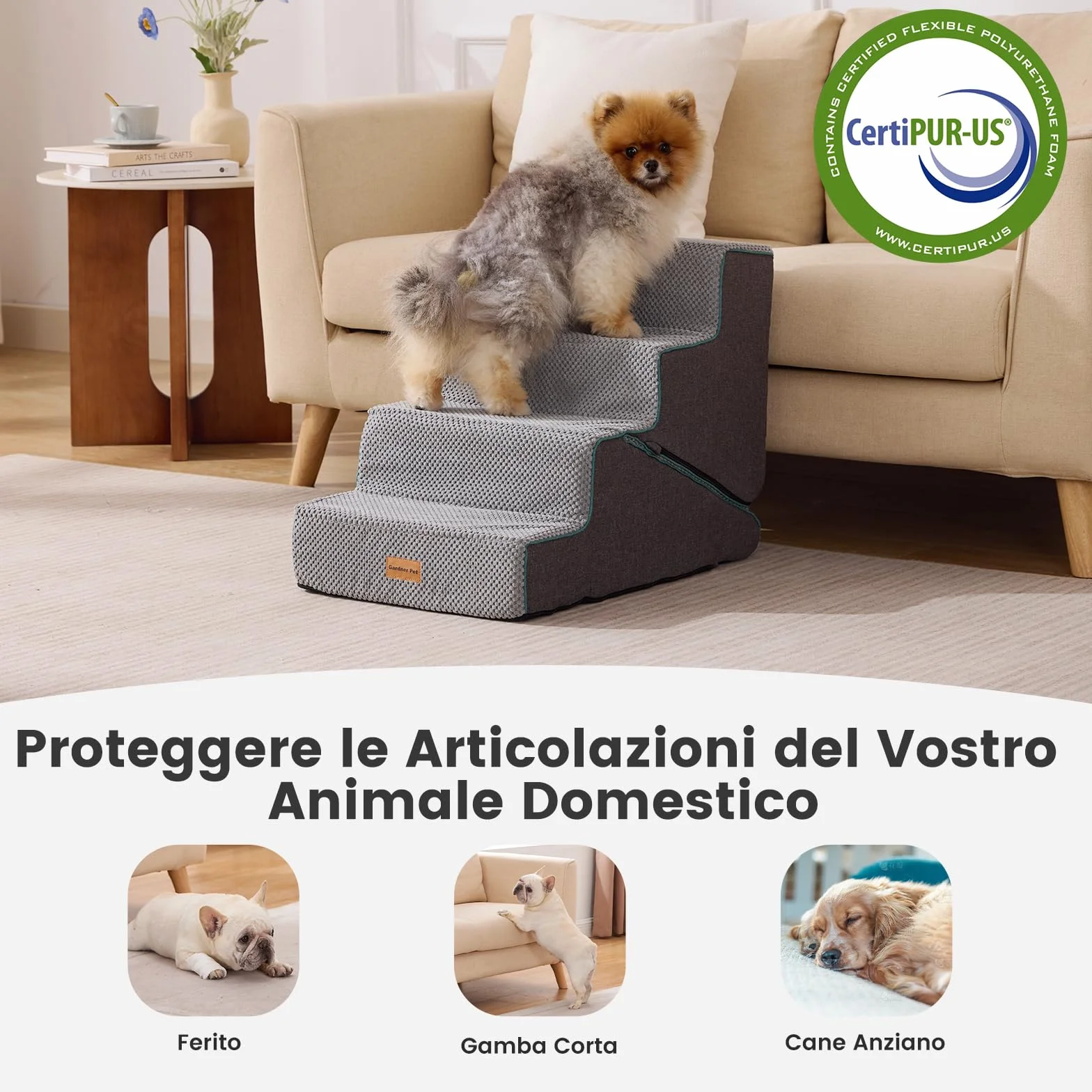 Gardner Pet 2-in-1 scala per cani piccoli 4 gradini rampa in schiuma impermeabile antiscivolo grigia