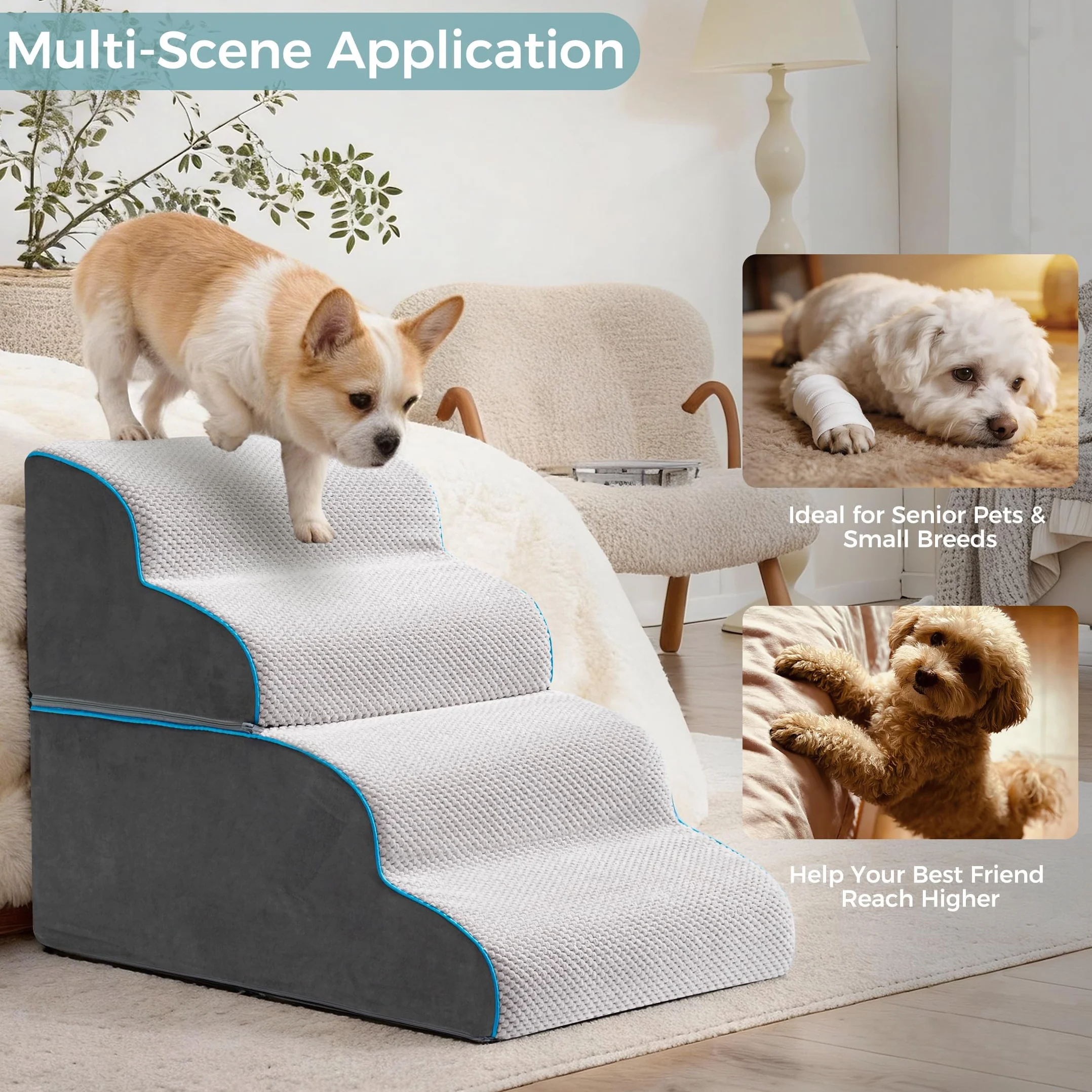 Scaletta per Cani e Rampa per Letto 33-61 cm Scala Rimovibile Schiuma 40D Antiscivolo Grigio