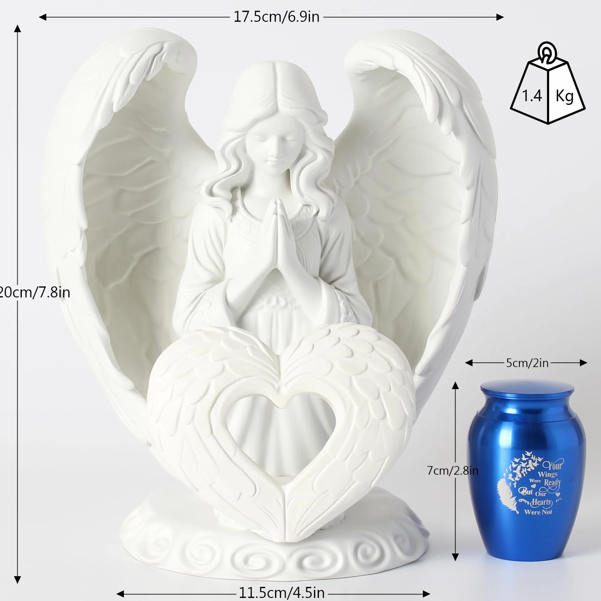 Contid - Urna per ceneri di piccole dimensioni, a forma di angelo di preghiera, mini urna per ceneri umane, mamma, papà, animale domestico, cane, gatto, in resina, con piccola urna in alluminio blu