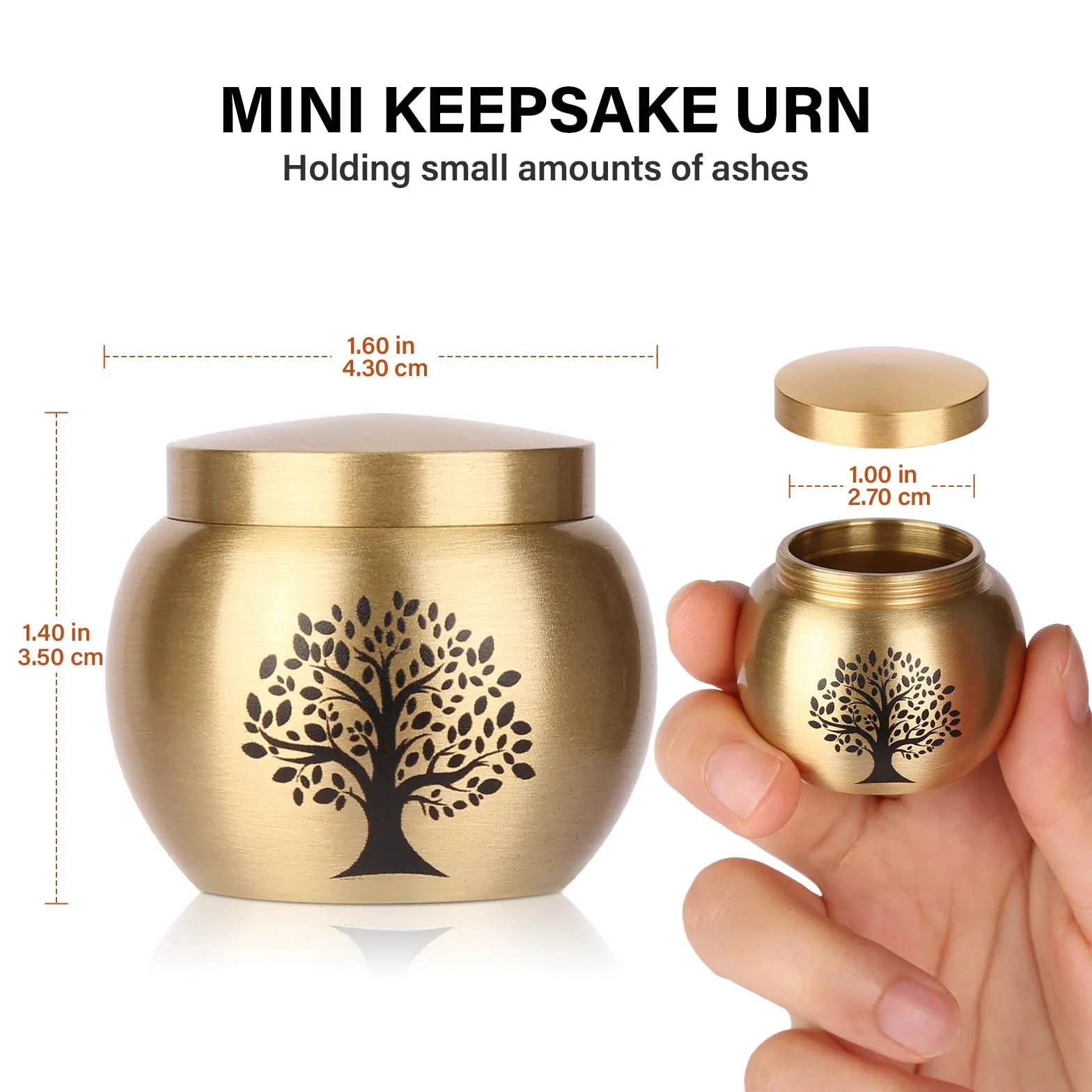 Set di 1 piccola urna per le ceneri umane, in ottone con motivo albero della vita, mini urna per ceneri adulte, donne, animali domestici, può contenere fino a 2,3 pollici cubi