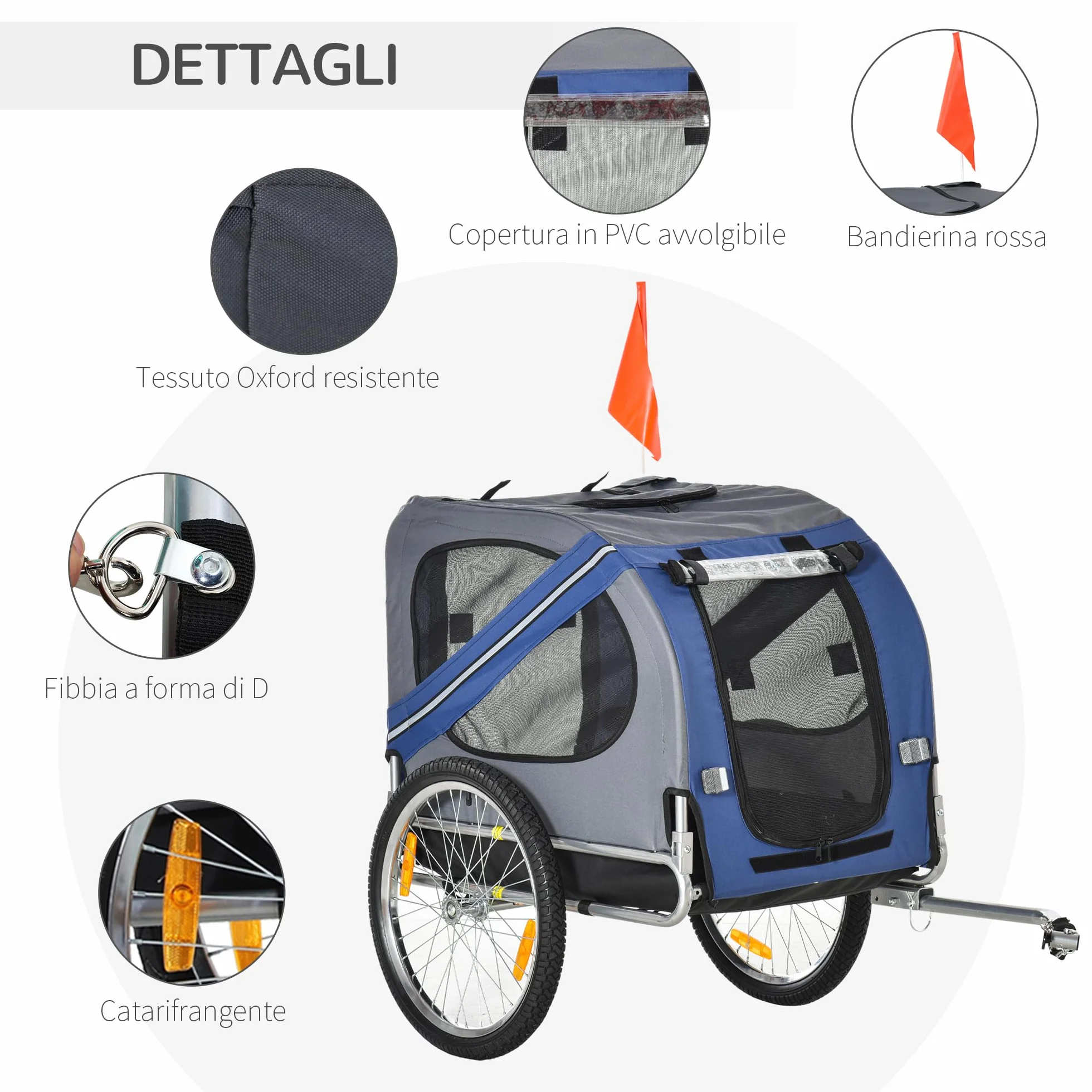 PawHut Rimorchio da Bicicletta per Cani e Gatti 2 Grandi Ruote da 50cm Buona Ventilazione Bandiera di Sicurezza Resistente alle Intemperie Acciaio e Tessuto Oxford
