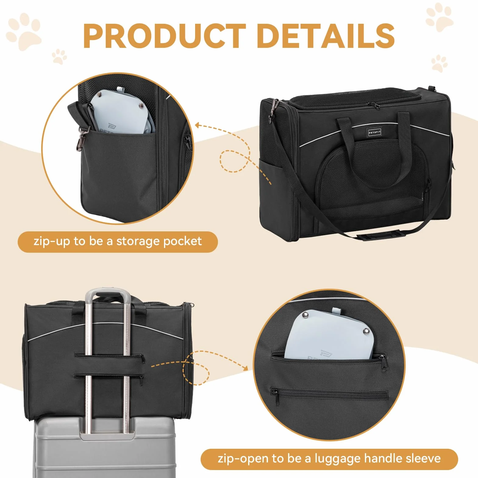 Petsfit Borsa per il trasporto di gatti e cani, aeroplano | borsa per cani e trasportino gatto | borsa aerea per animali domestici | trasporto sicuro in auto, aereo e treno, L/nero