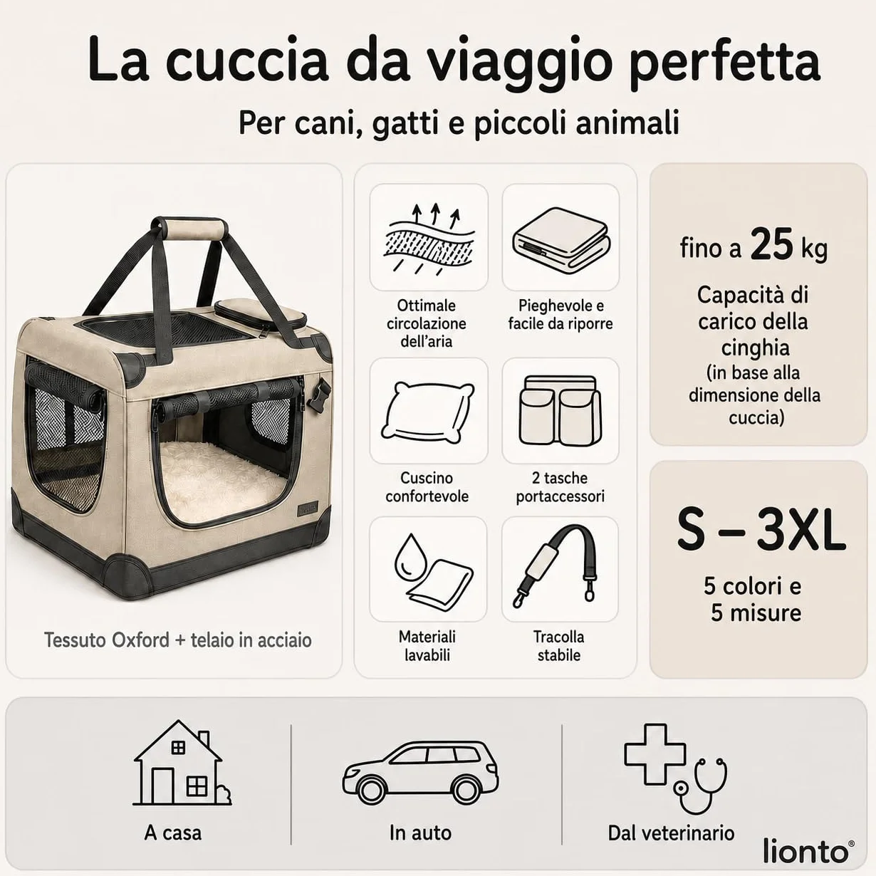 Lionto Borsa trasportino per cani pieghevole 50x34x36 cm box trasporto stabile con maniglie per gatti animali fino a 10 kg tessuto blu scuro