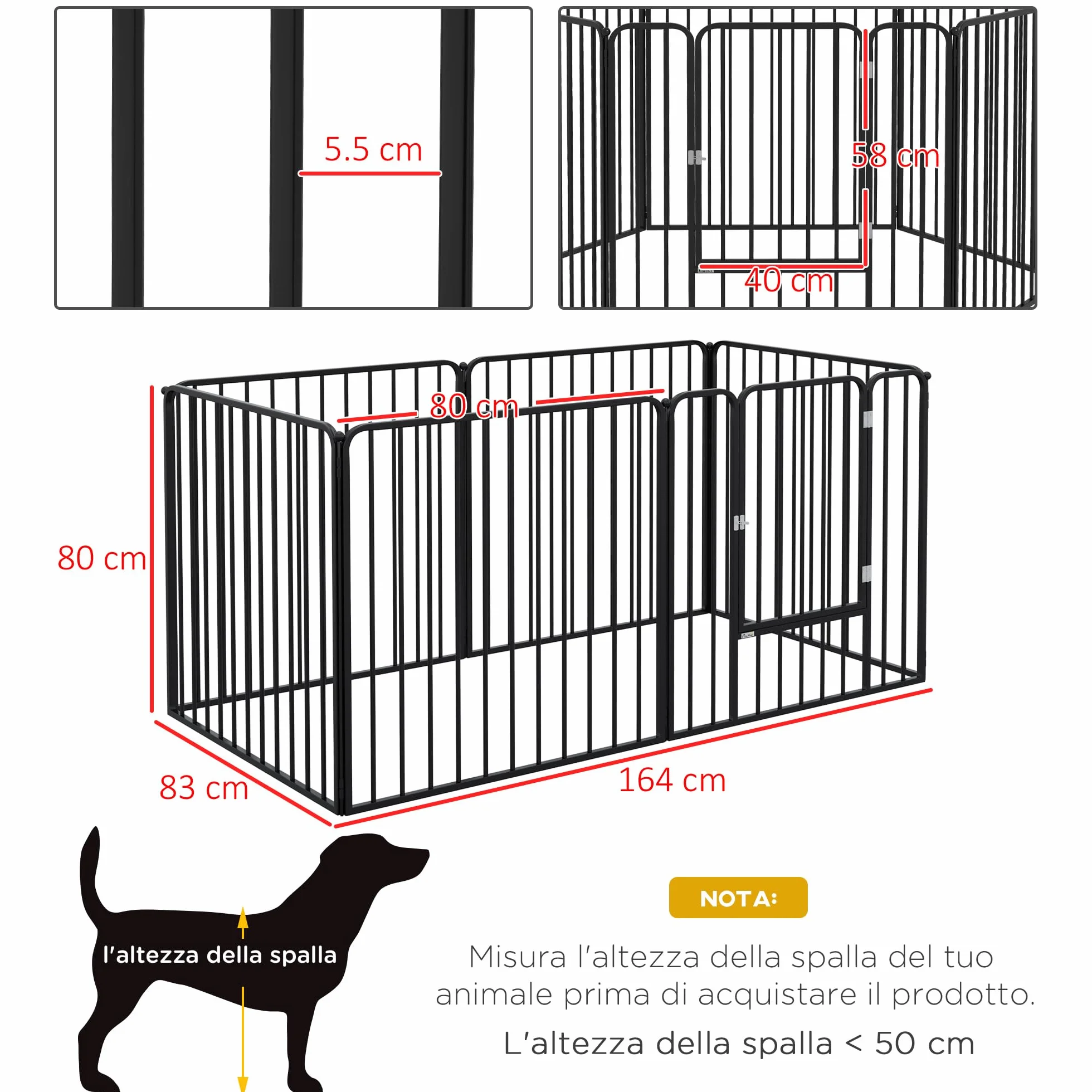 PawHut Box per Cani Taglia Media e Piccola a 6 Pannelli Modulabili da Interno ed Esterno, Cancello per Cani in Acciaio con 9 Picchetti, 164x83x80 cm, Nero