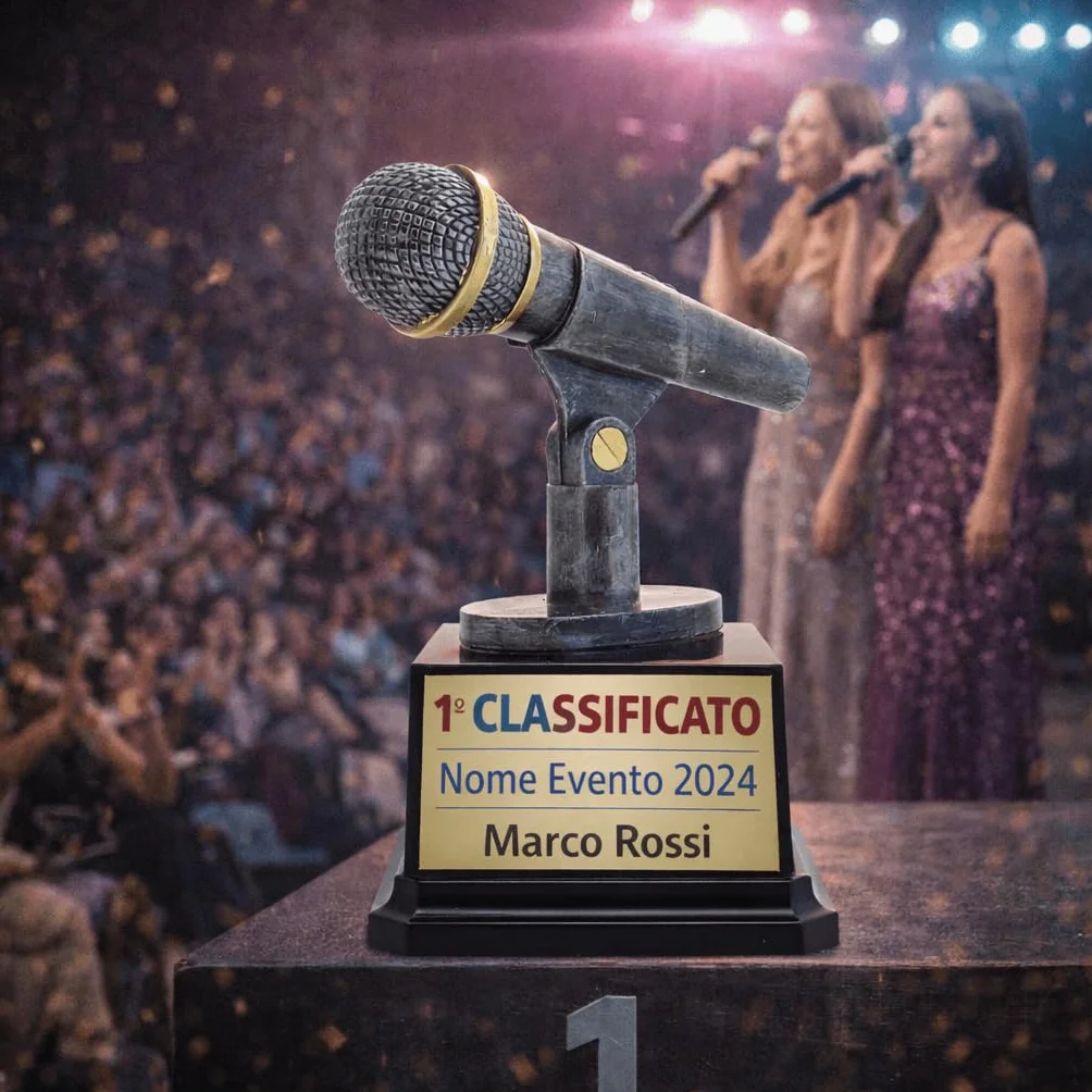 D&Vlab Trofeo Microfono 14 cm Argento con Targhetta Personalizzabile – Premio Canto Karaoke Speaker Presentatore Eventi Musicali