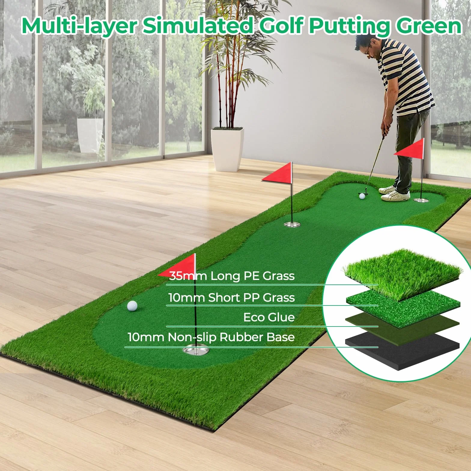 LIFEZEAL Tappetino da Golf Professionale 3 x 1 m, con 2 Palline e 3 Fori - Pieghevole per Uso Interno ed Esterno