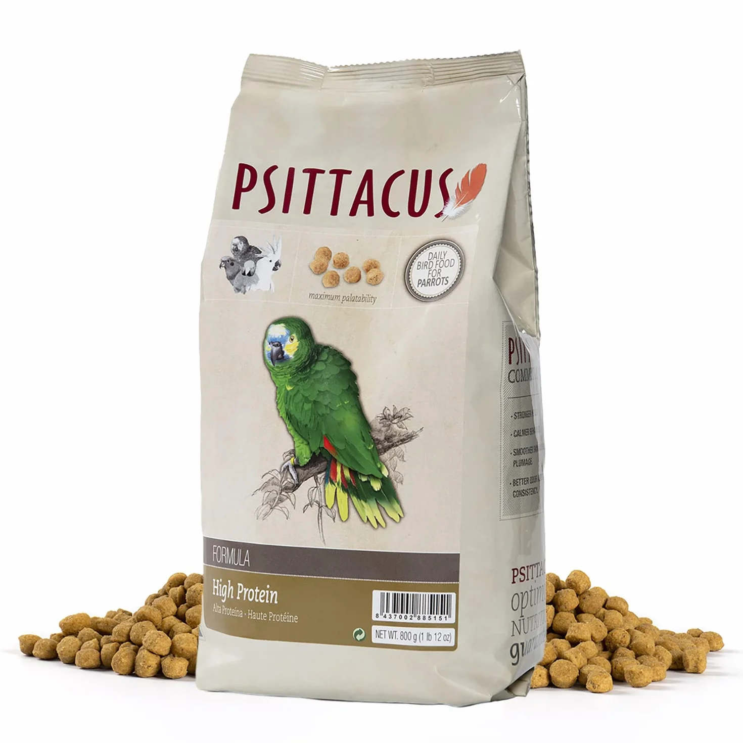 Psittacus Cibo di Mantenimiento Alta Proteina per Pappagalli, 800 g