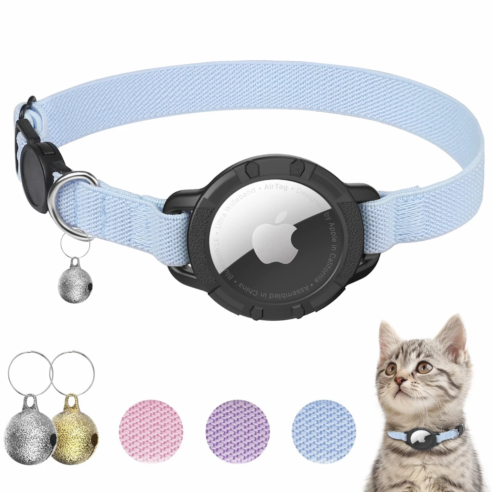 Collare Airtag Gatto, Collare Estensibile con Protezione Airtag e Campanellino, Leggero e Confortevole per Gatti di Tutte le Taglie (Blu)