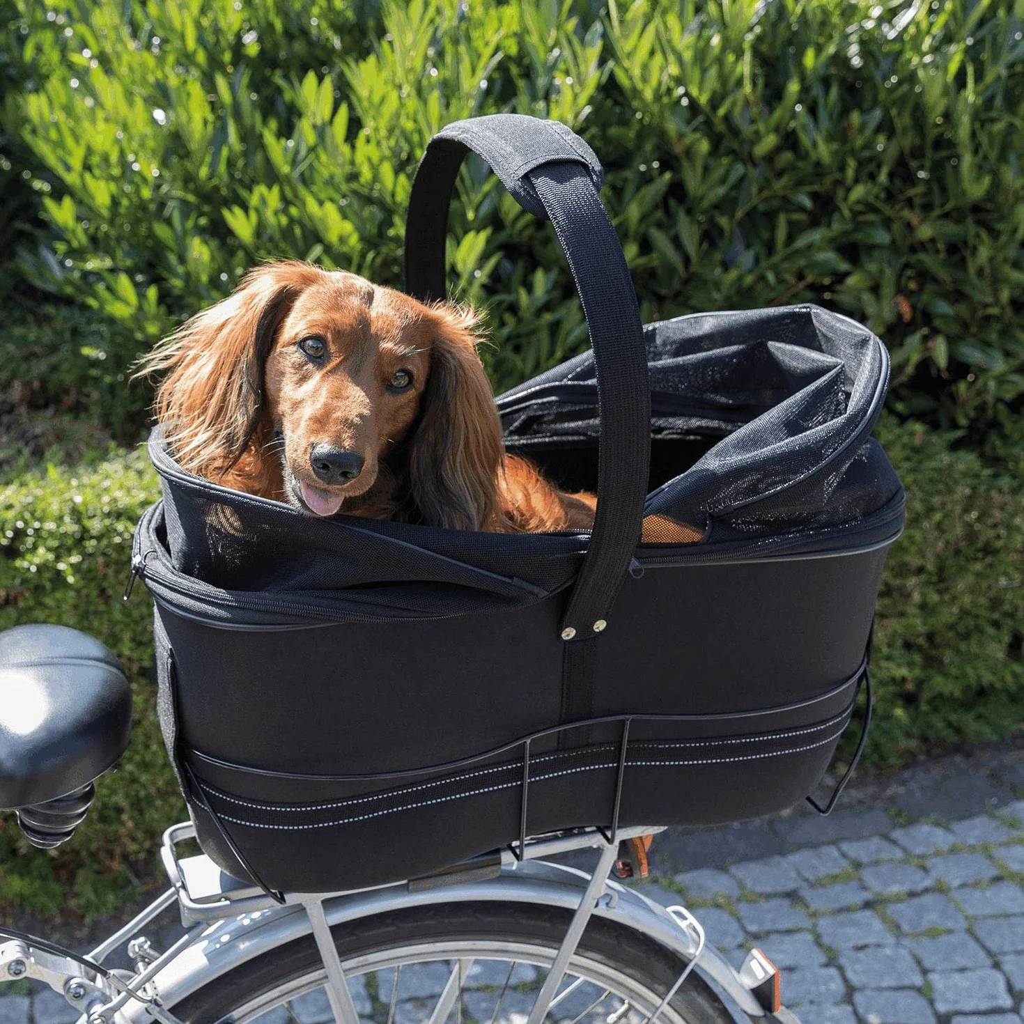 Trixie Cestino Bici Lungo per Cani – Portapacchi Posteriore – Fino a 8 kg – 29 × 49 × 60 cm – Telaio in Metallo Resistente con Imbottitura Morbida, Cinghia & Coperchio a Rete