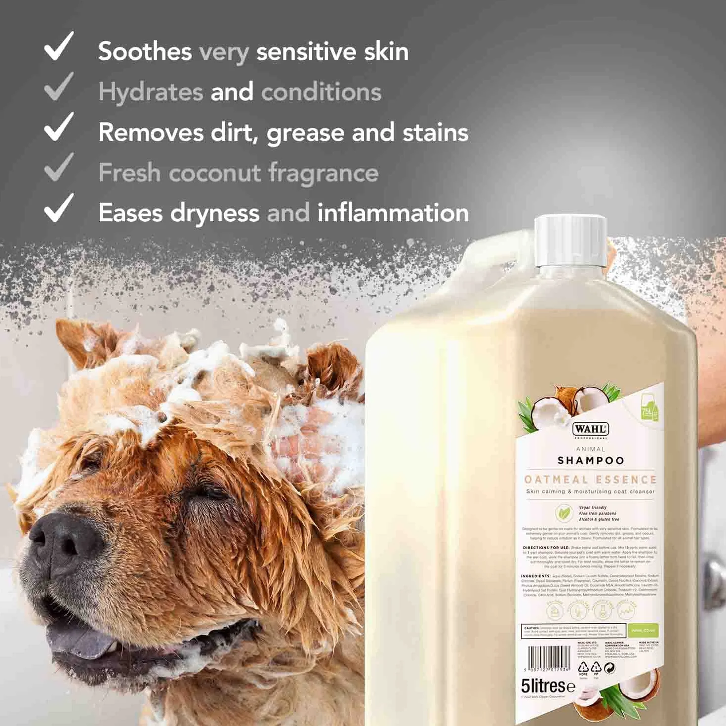 WAHL Oatmeal Essence Dog Shampoo - 5 litri, concentrato 15:1, formula naturale, vegano, per pelli e manti sensibili