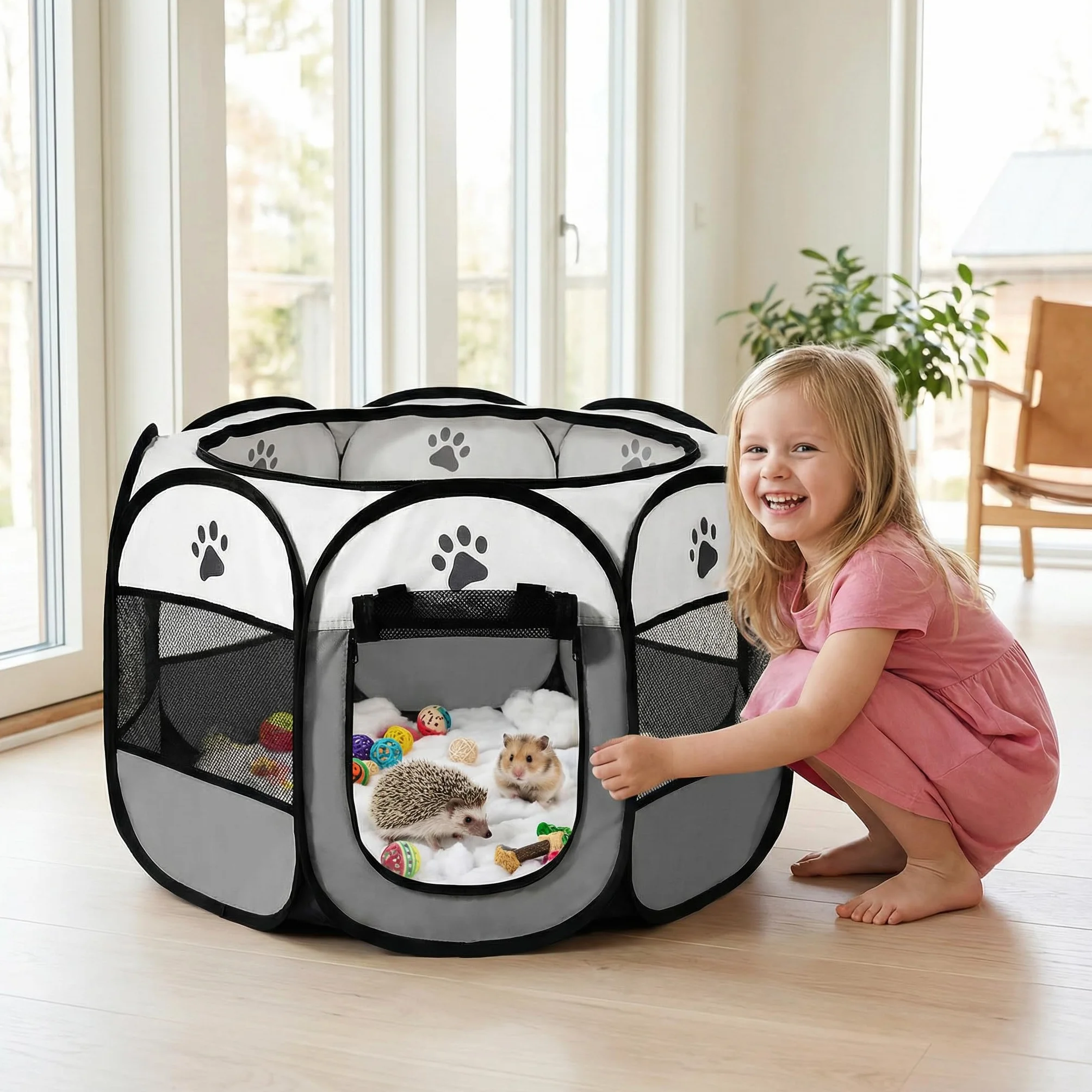 box per cuccioli, 91 x 91 x 58 cm, pieghevole, per casa, recinto per gatti, conigli, interni ed esterni, colore: grigio