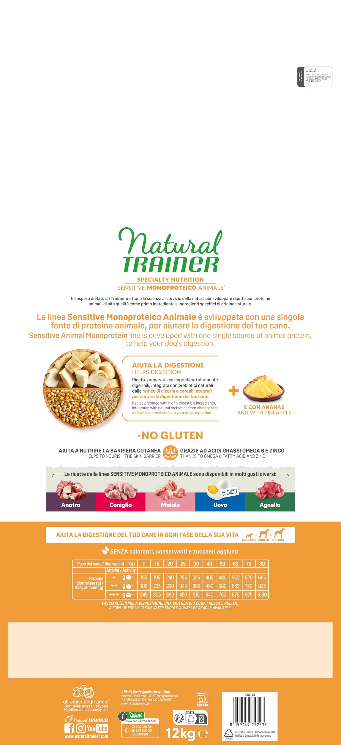 Trainer Sensitive No Gluten Adult Con Salmone E Cereali Integrali, Agnello, 12 kg
