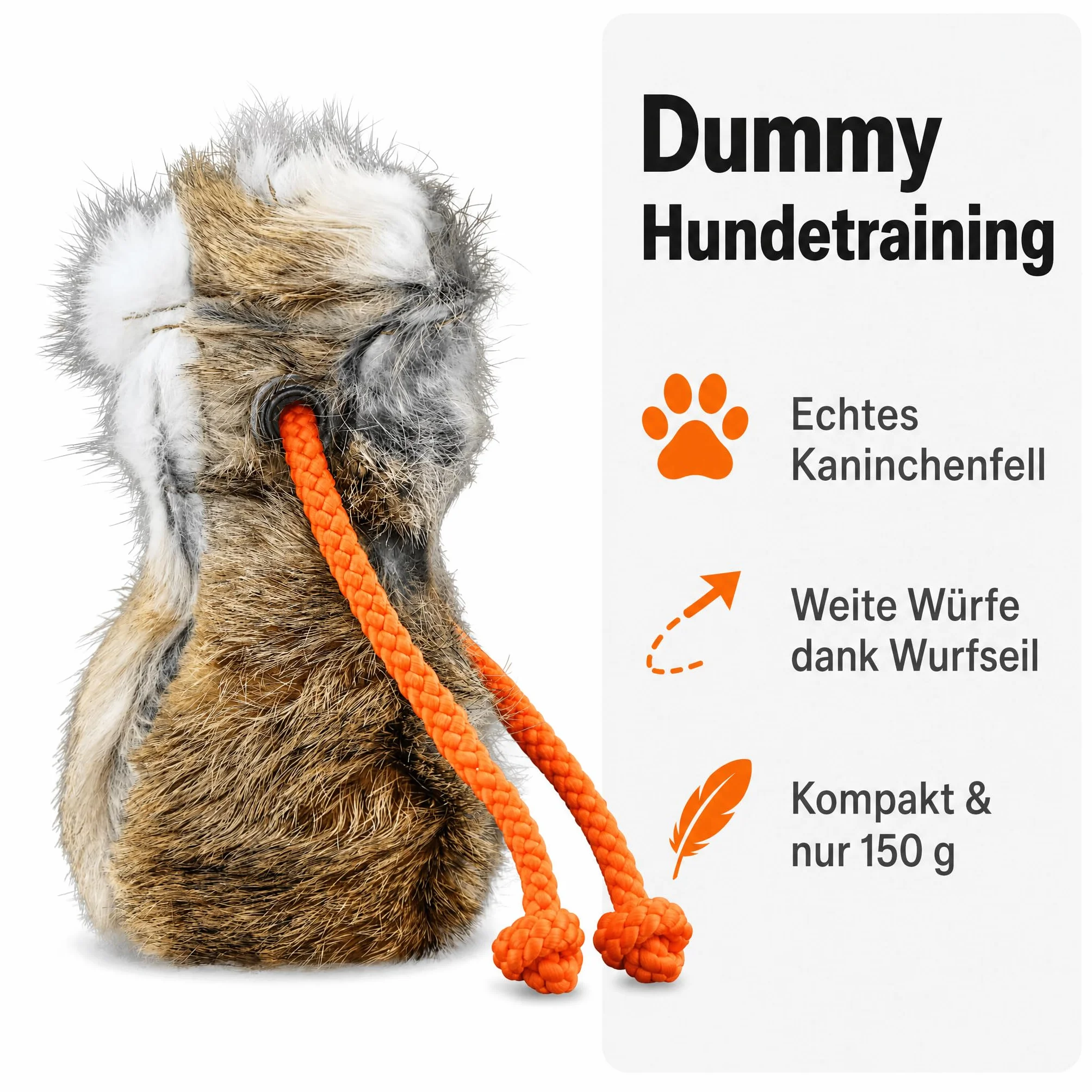 Romneys Dummy - Palla da addestramento per cani, in vera pelliccia di coniglio, con corda arancione fluo, diametro 8 cm, 150 g, robusto occhiello in metallo, per esterni