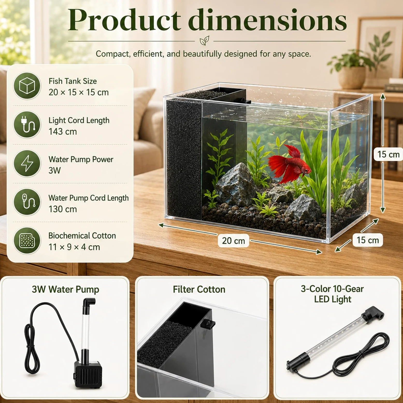 Piccolo acquario Betta da 3,7 l, set completo, acquario nano in acrilico con pompa silenziosa e filtro, illuminazione a LED con 10 livelli di luminosità e 3 modalità di colore, ideale per pesci da