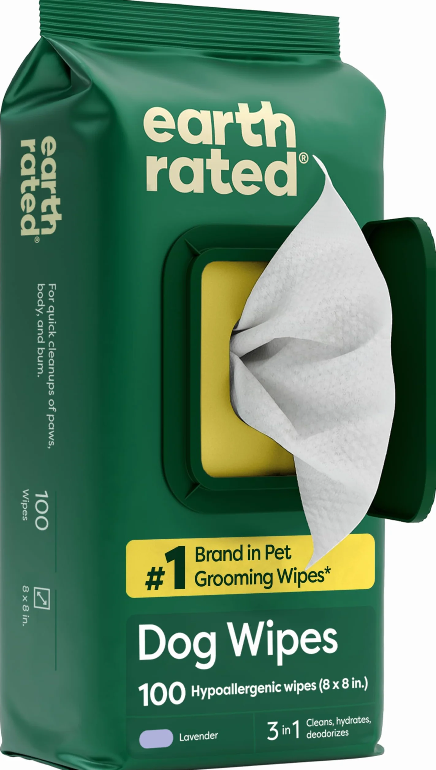Earth Rated Salviette ipoallergeniche per Cani, puliscono ed eliminano Gli odori da Zampe, Corpo e Sedere, profumati alla Lavanda, 100 Pezzi