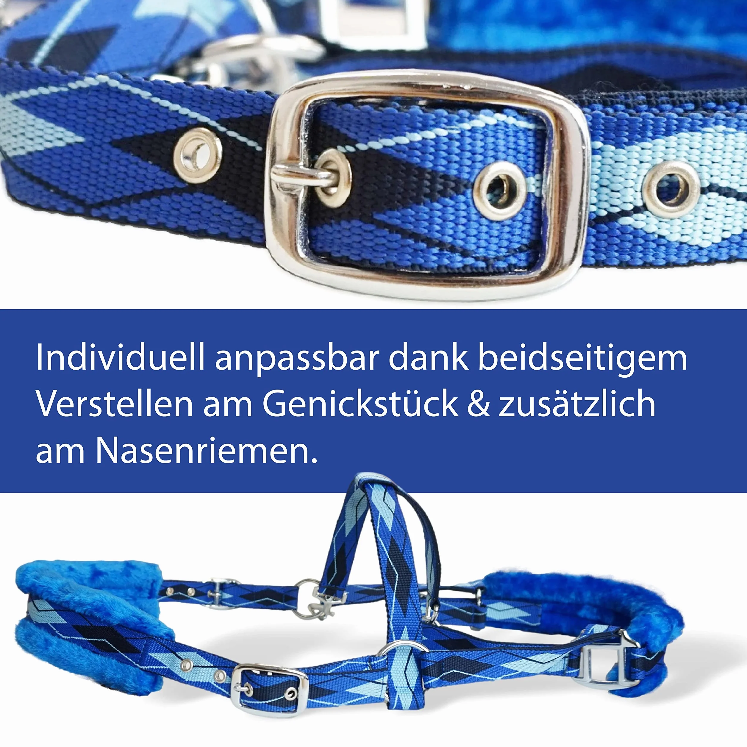 Pferdelinis Cavezza per cavalli in pelliccia cavezza foderata blu nelle taglie xfull cavezza pony, Cob, sangue caldo (blu, sangue caldo (Full))