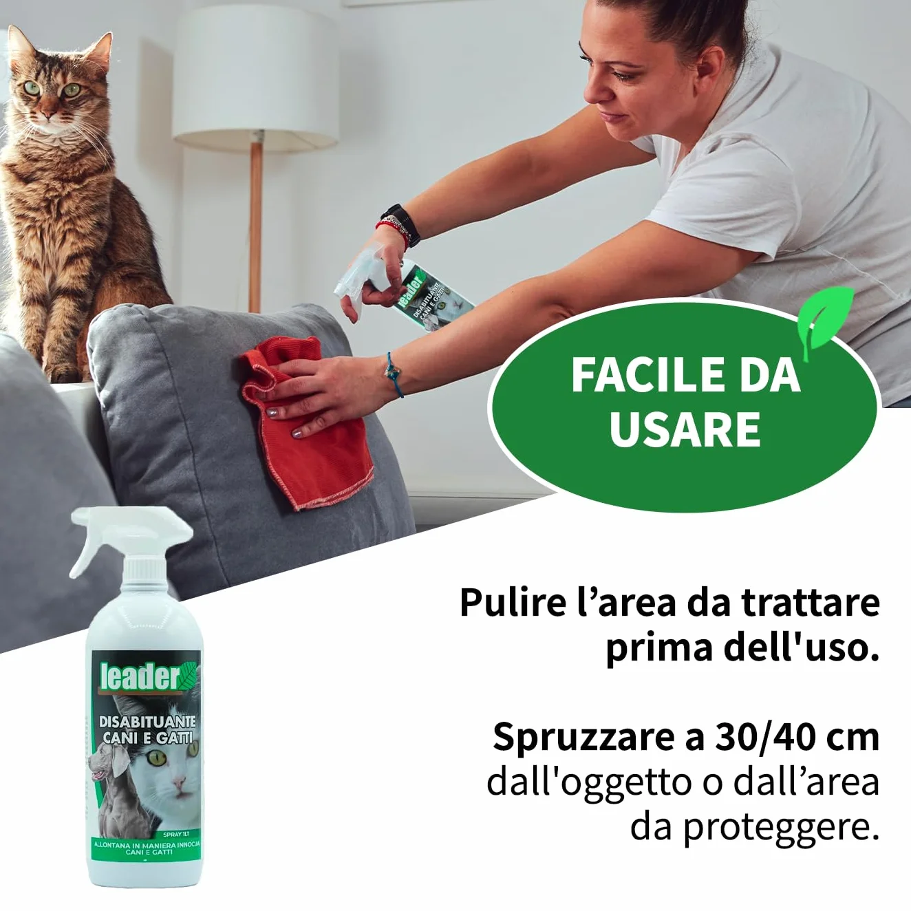 LEADER, Disabituante Spray, Repellente, Dissuasore, Allontana Cani e Gatti, Crea Barriera Olfattiva, Con Oli Essenziali ed Ingredienti Naturali, Uso per Superfici Interne ed Esterne, Formato da 1L