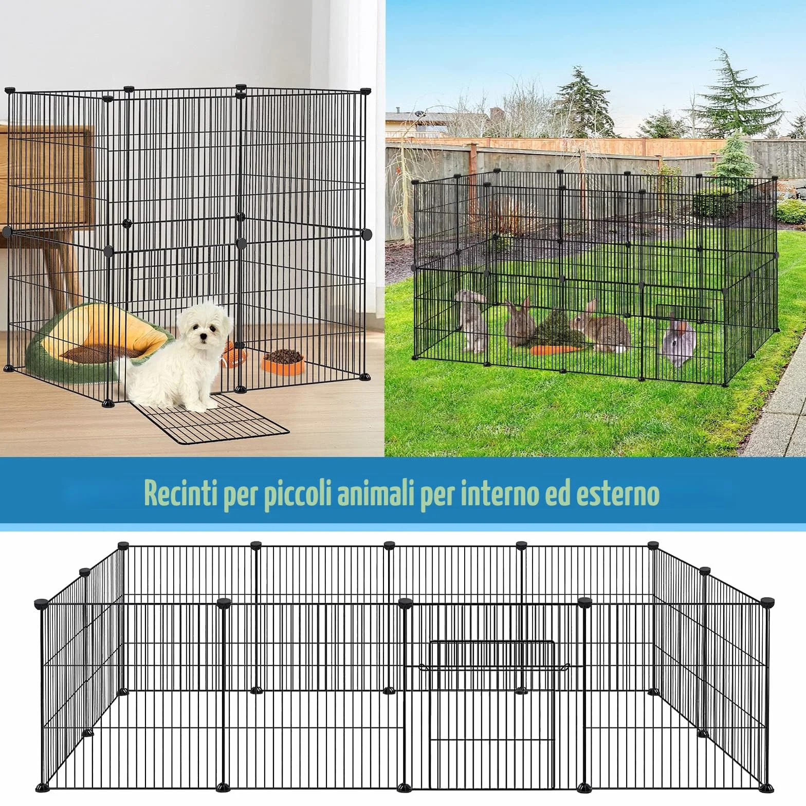 Froadp Recinzione per Animali Domestici Conigli da Esterno 142x72x72cm in Metallo 24 Pezzi Recinto a Griglia con Porta per Cavie, Animali da Compagnia, Gabbia per Cuccioli, Hamster (Nero)
