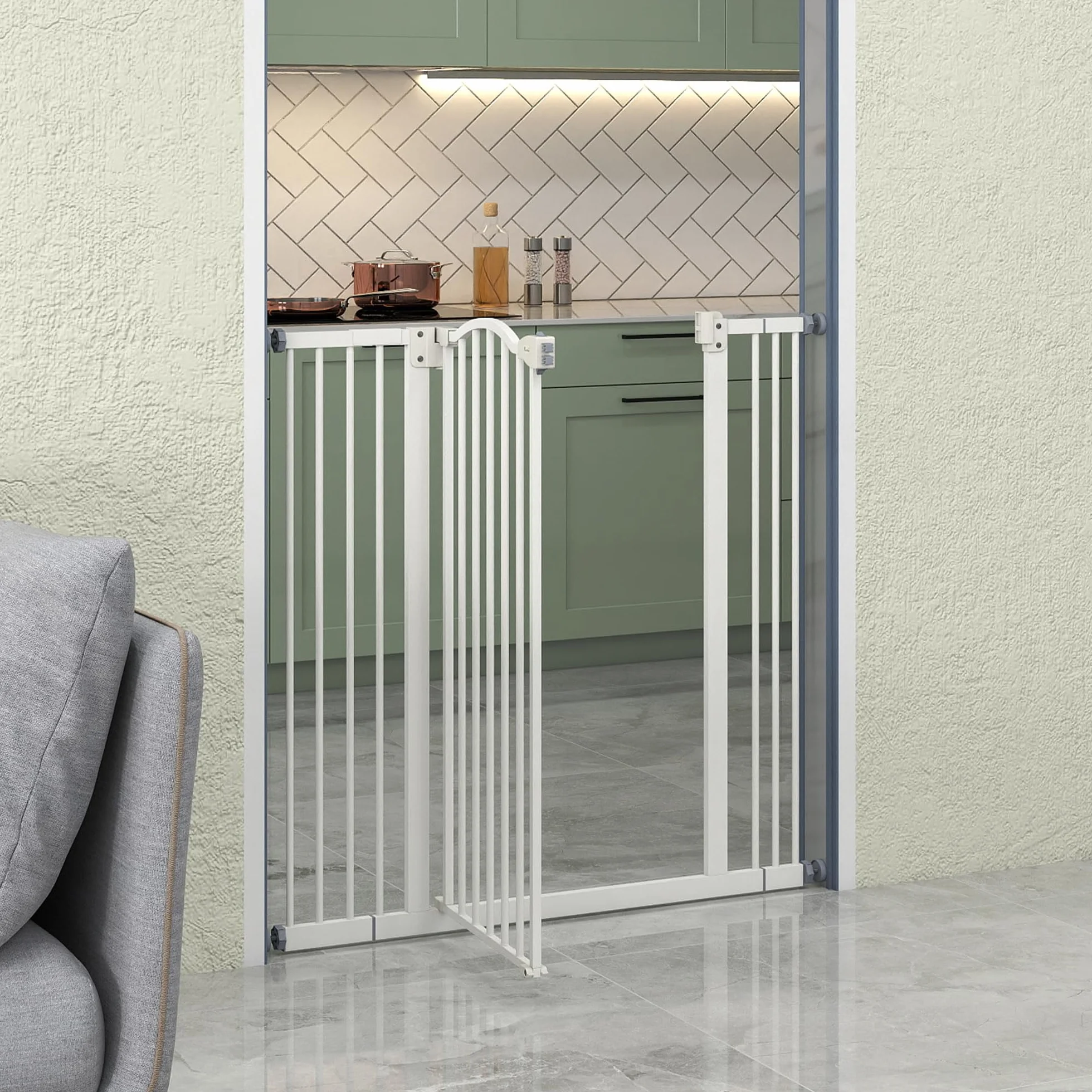PawHut Cancelletto di Sicurezza per Cani, Barriera Estensibile 74-100 cm, Doppio Blocco, Chiusura Automatica, Bianco